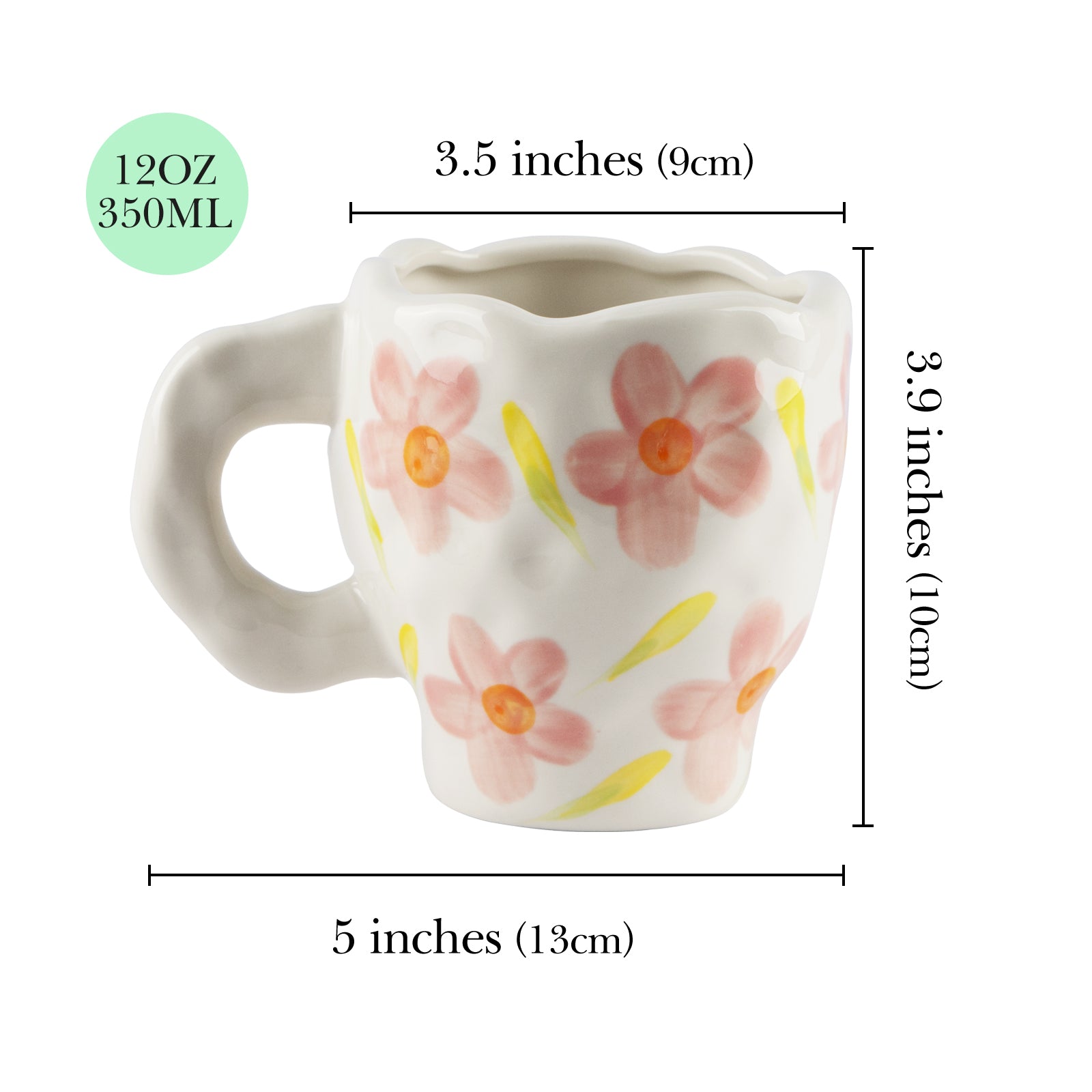 Linkidea Ceramic Coffee Mug, 12oz/350ml Hand-Painted Irregular Coffee Cup, Novelty Teacups with Handles for Beer, Latte, Hot Cocoa, Microwave and Dishwasher Safe (Pink Flower)