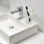 Linkidea Countertop Manual Toothbrush Holder for Bathroom, Unique Ceramic Vanity Organizer Stand Compatible with Oral-B CrossAction, Colgate Extra Clean, Reach Essentials Toothbrush (White)