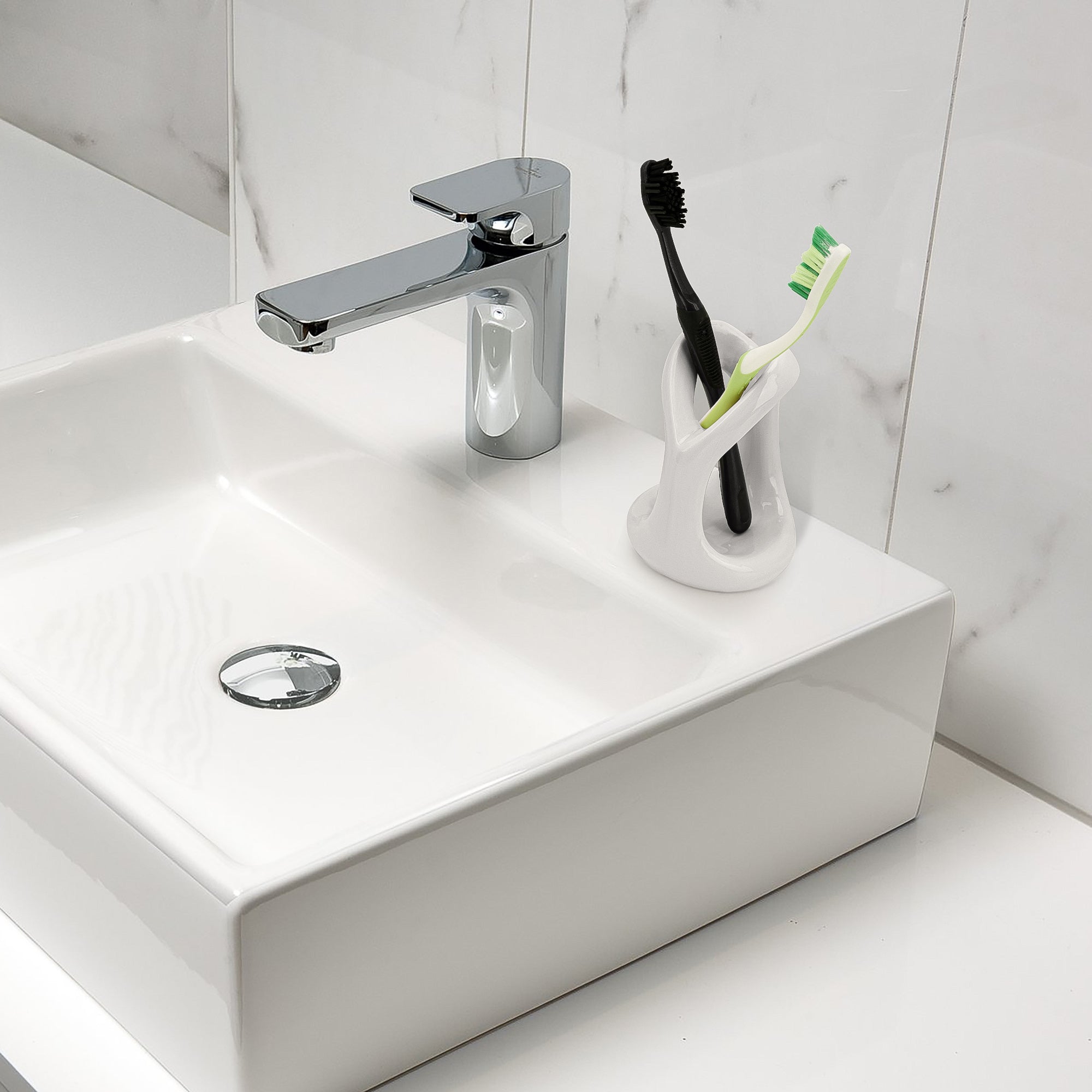 Linkidea Countertop Manual Toothbrush Holder for Bathroom, Unique Ceramic Vanity Organizer Stand Compatible with Oral-B CrossAction, Colgate Extra Clean, Reach Essentials Toothbrush (White)