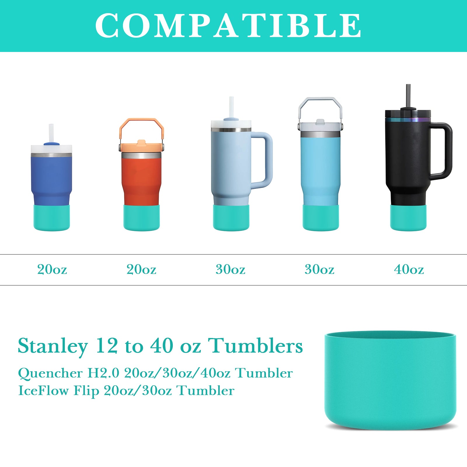 Linkidea 2 Pack Water Bottle Boot Compatible with Stanley Quencher H2.0 20oz/30oz/40oz, IceFlow Flip 20oz/30oz, Silicone Water Bottle Bottom Sleeve Cover Bumper Protector (Mint)