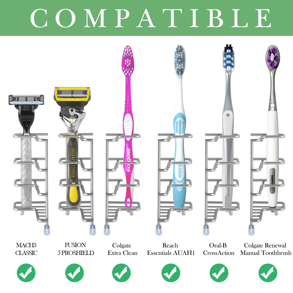 Linkidea 2 Pack Toothbrush Holder Wall Mounted, Stainless Steel Electric Toothbrush Stand Rack for Shower Bathroom, Self Adhesive 3 Slots Toothbrush Toothpaste Razor Countertop Organizer (Silver)