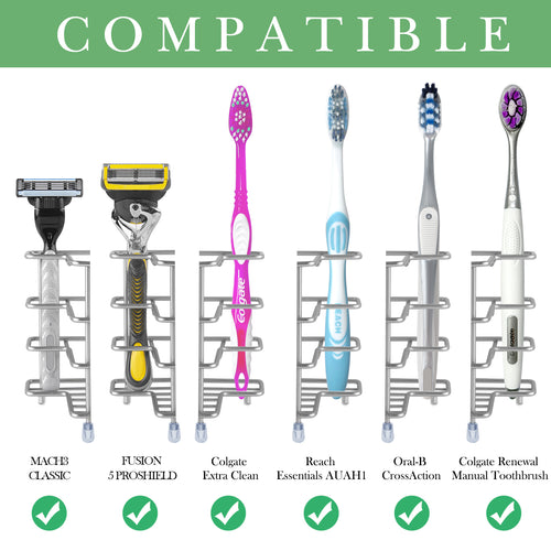 Linkidea 2 Pack Toothbrush Holder Wall Mounted, Stainless Steel Electric Toothbrush Stand Rack for Shower Bathroom, Self Adhesive 3 Slots Toothbrush Toothpaste Razor Countertop Organizer (Silver)