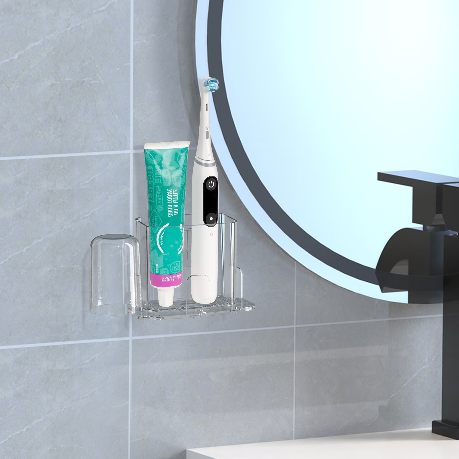 Linkidea 2 Pack Wall Mount Toothbrush Holder for Bathroom, Plastic Clear Self Adhesive Wallmount Tooth Brush Hanger Compatible with Oral-B iO Series, Philips Sonicare 5100/5300, 7AM2M(Transparent)