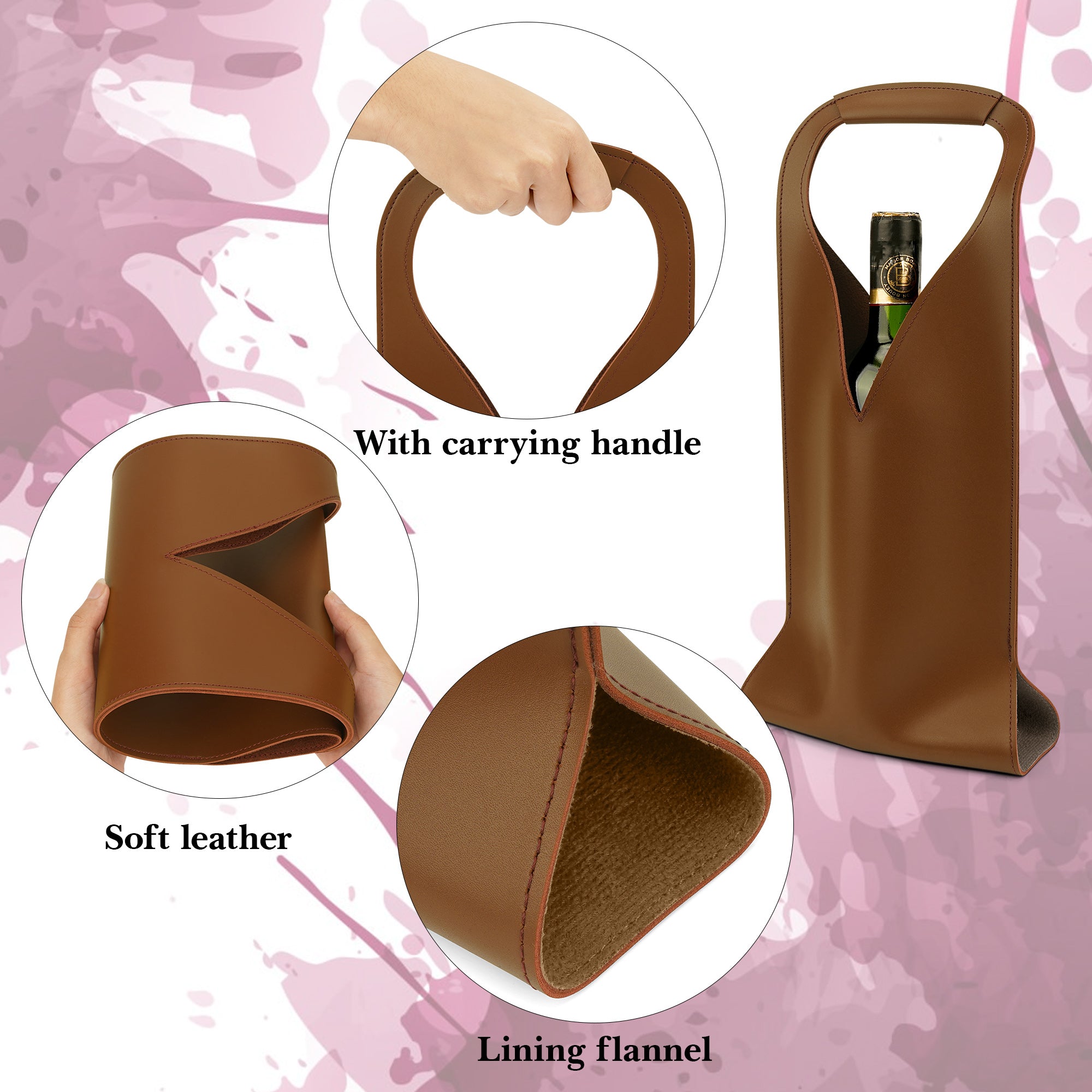 Linkidea Vegan Leather Wine Bottle Bags, 16.7" x 6.9" Tote Container for Gifts, Luxury Gift Bags for 750ml Bottles, Fits Christmas Use (Brown)
