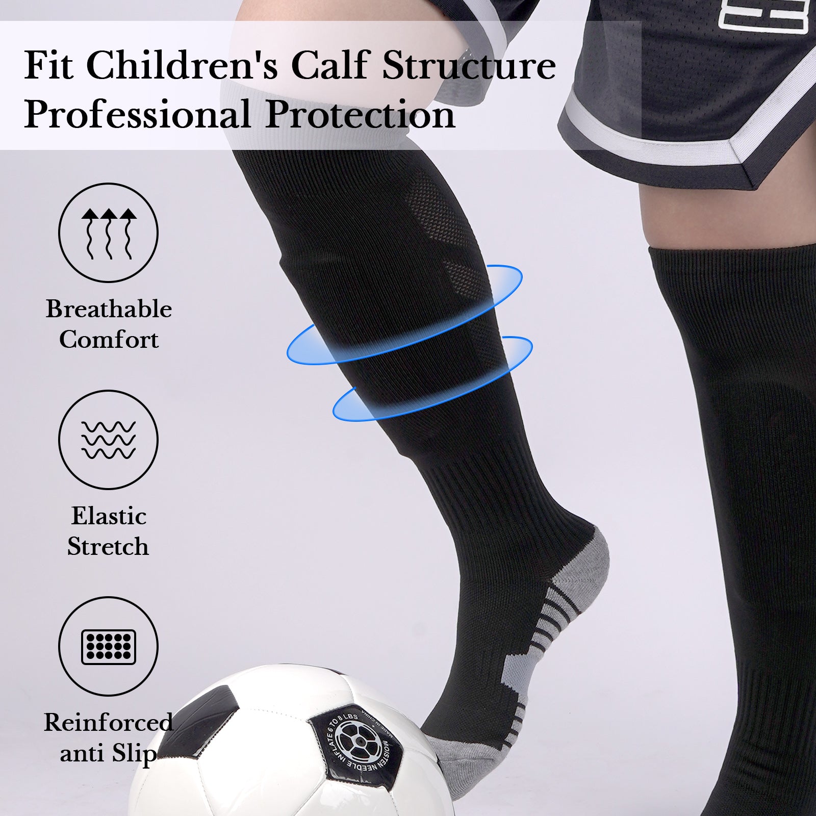 Linkidea Kids Soccer Socks with Shin Guards, 2 Pairs Breathable Knee High Socks with Lightweight Shin Pads, Long Sleeve Cushion Socks for Child 4-6 Years Over Calf Soccer Socks (Black&Blue, S)