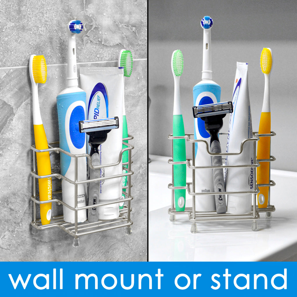 Linkidea 2 Pack Toothbrush Holders Wall Mounted, 3 Slots Bathroom Shower Organizer Stand, Stainless Steel Ventilated Countertop Rack for Toothpaste (Brushed Nickel)