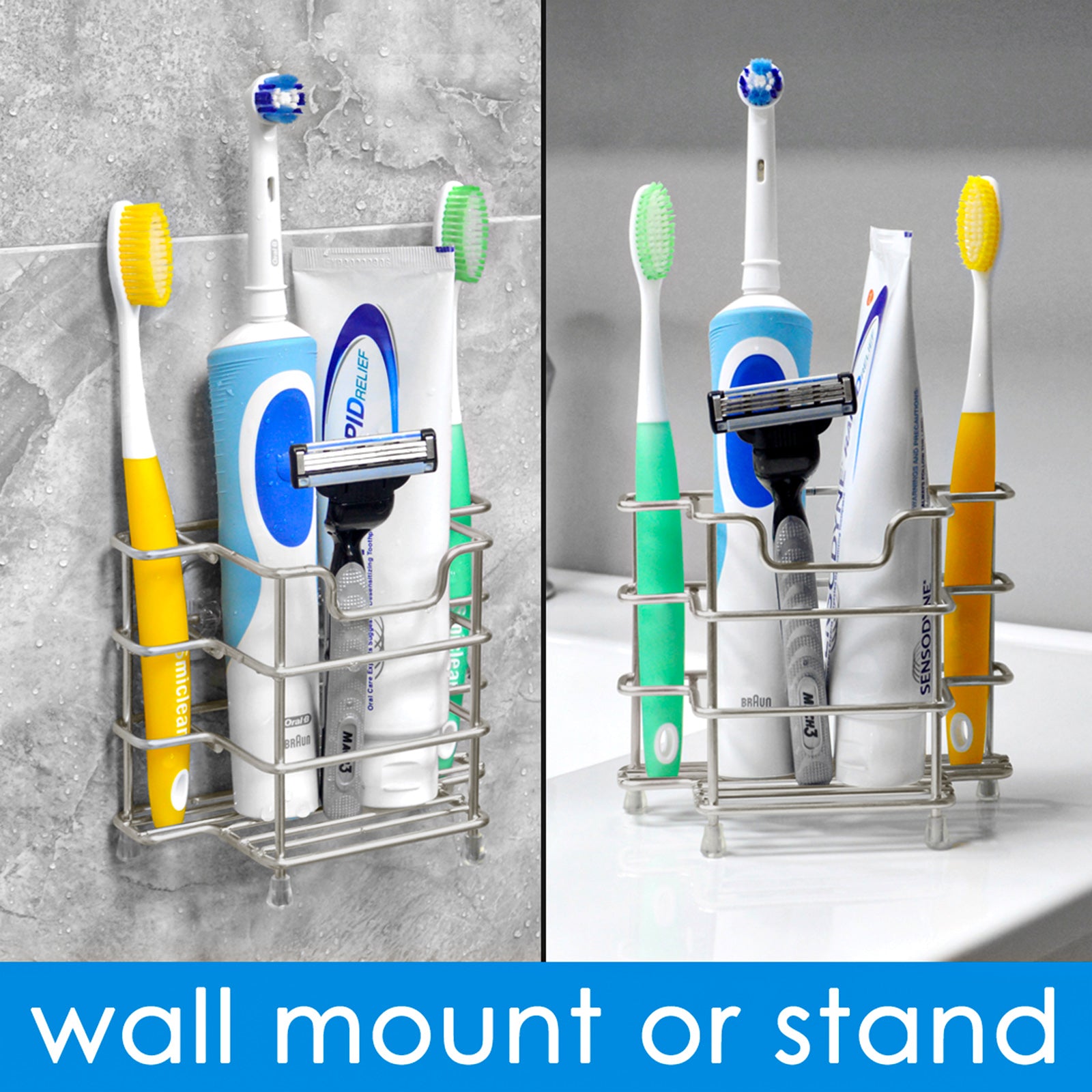 Linkidea 2 Pack Toothbrush Holders Wall Mounted, 3 Slots Bathroom Shower Organizer Stand, Stainless Steel Ventilated Countertop Rack for Toothpaste (Brushed Nickel)