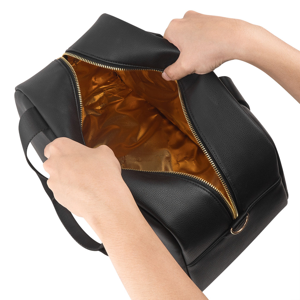 Linkidea Vegan Leather Lunch Bag for Women, Insulated Lunch Tote Bag, Large Capacity Lunch Cooler Bag, Modern Thermal Lunchbox Container, Lunch Box Cooler Bag (Black)