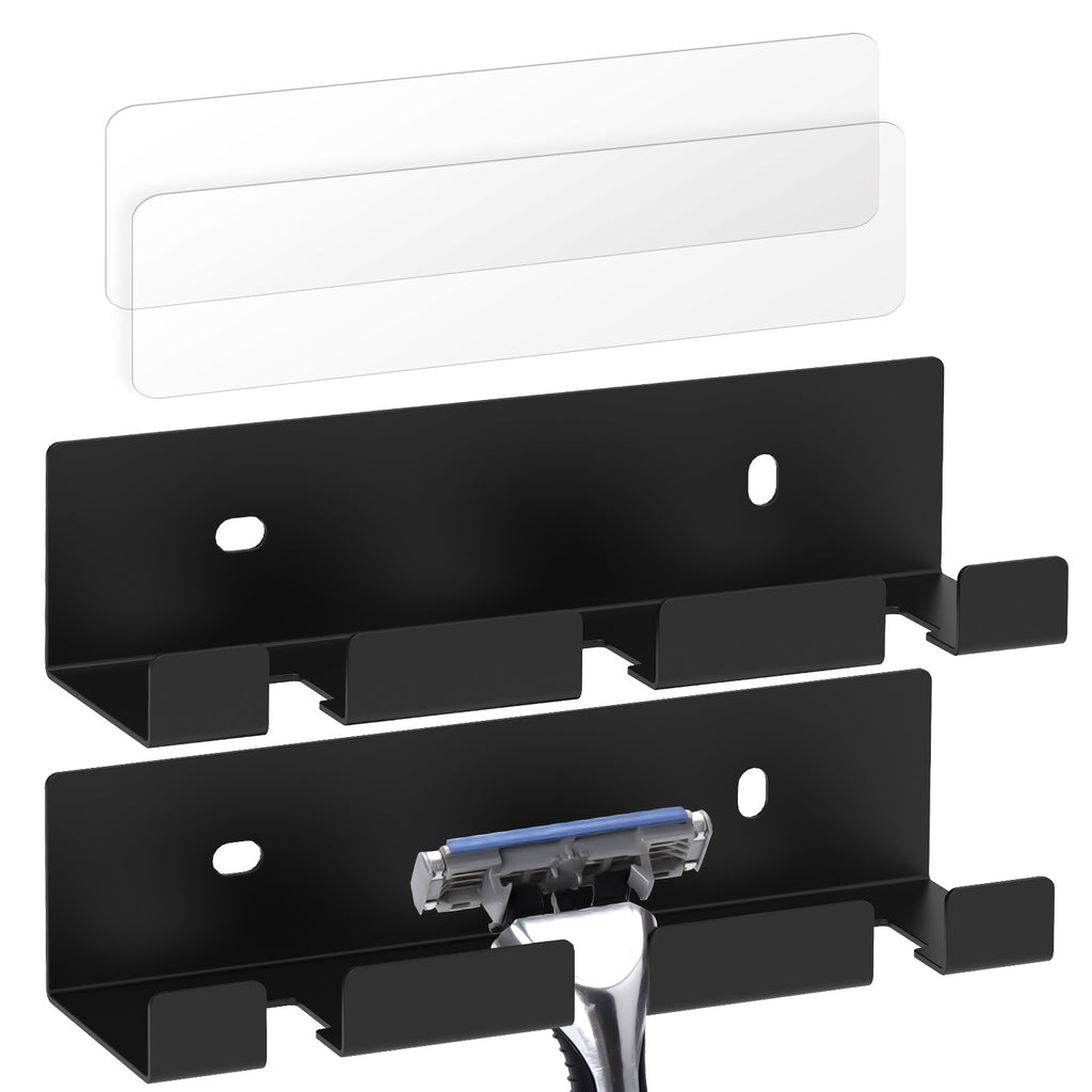 Linkidea 2 Pack Wall Mount Shower Razor Holder, Self Adhesive Stainless Steel Shaver Holder, Shaving Stand for Bathroom, Compatible with Gillette Sensor 3, Dorco Pace 6 Pro (Black)