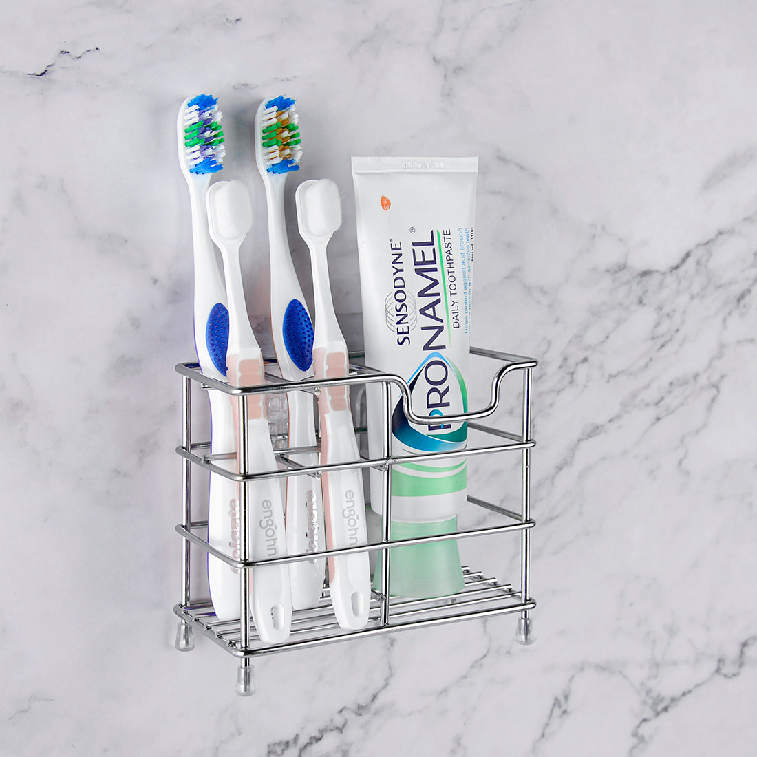 Linkidea Wall Mount Toothbrush Holder for Bathroom, Stainless Steel Tooth Brush Stand for Electric Toothbrush, Toothpaste, Razor, Self Adhesive Wallmount / Countertop 5 Slots Organizer (Chrome)
