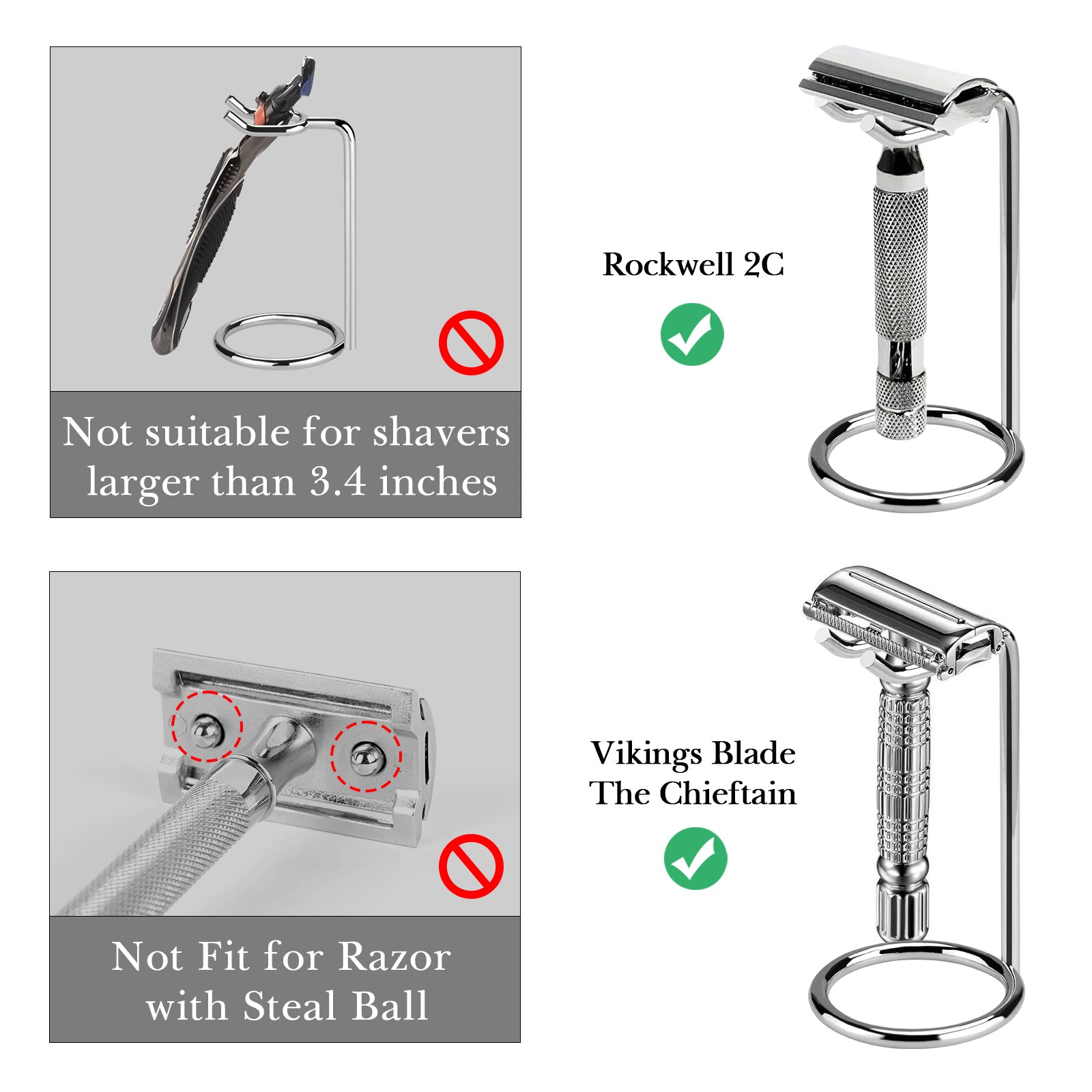 Linkidea 2 Pack Short Handle Safety Razor Stand, Stainless Steel Shaving Razor Holder, Deluxe Men's Travel Shaver Stand, Only Compatible with Razor Handle Less Than 3.5'' (Silver)