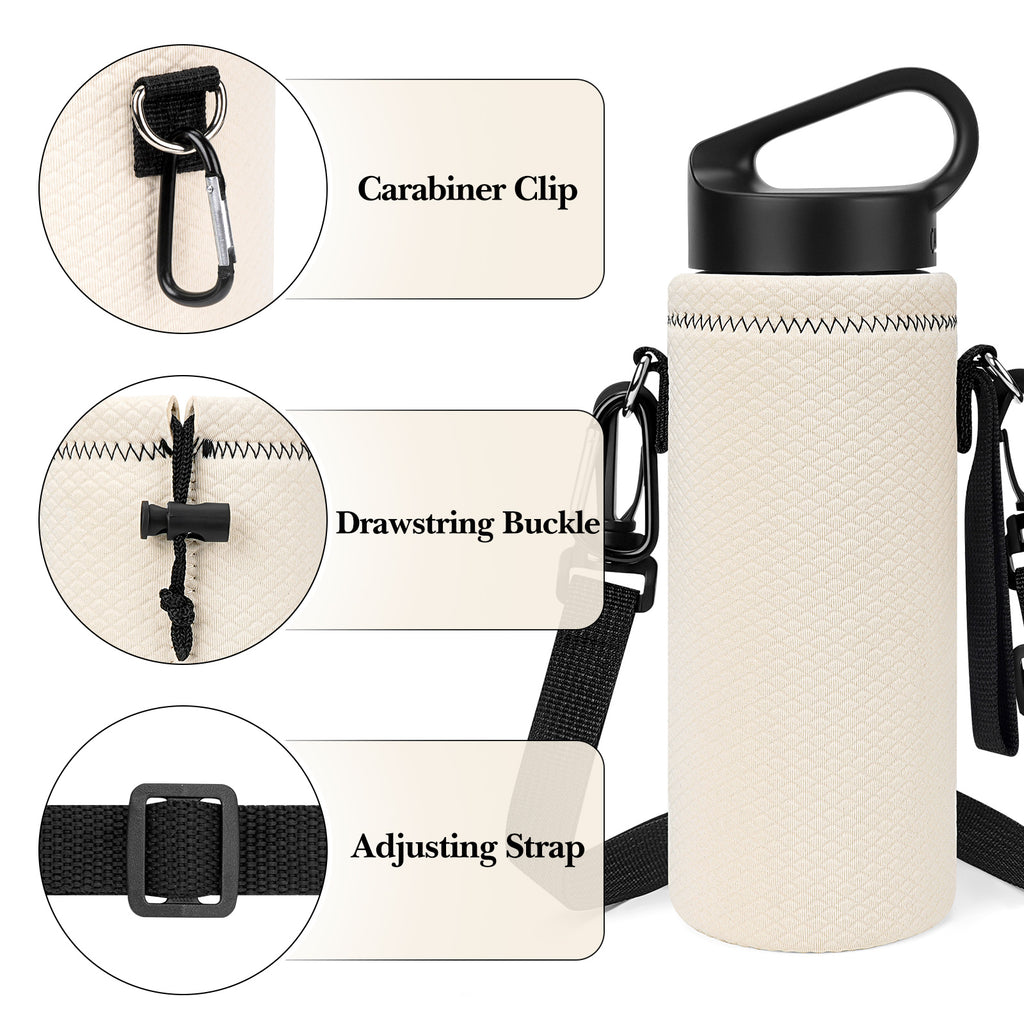 Linkidea Water Bottle Carrier with Shoulder Strap Compatible with Hydroflask Standard Mouth 18oz, CamelBak Carry Cap 20oz,Waterbottle Sling Bag Holder (Off White)