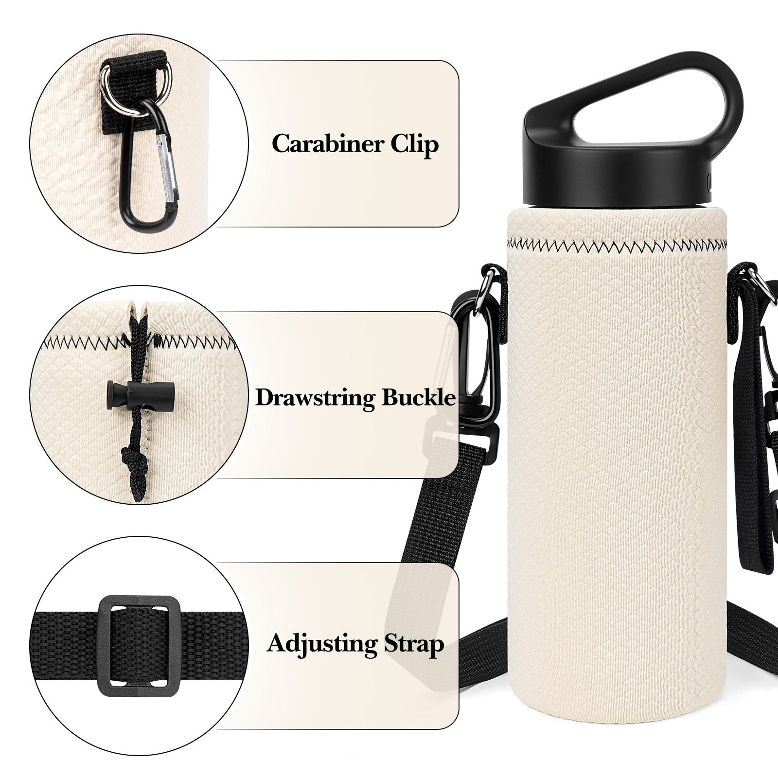 Linkidea Water Bottle Carrier with Shoulder Strap Compatible with Hydroflask Standard Mouth 18oz, CamelBak Carry Cap 20oz,Waterbottle Sling Bag Holder (Off White)