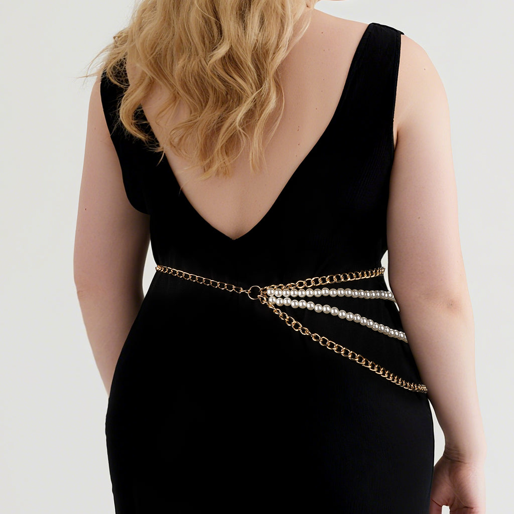 Plus Size Waist Chain for Women, 4 Layers White Pearl Fashion Body Chain, 31.5-45 Inch Adjustable Chunky Belt Accessory