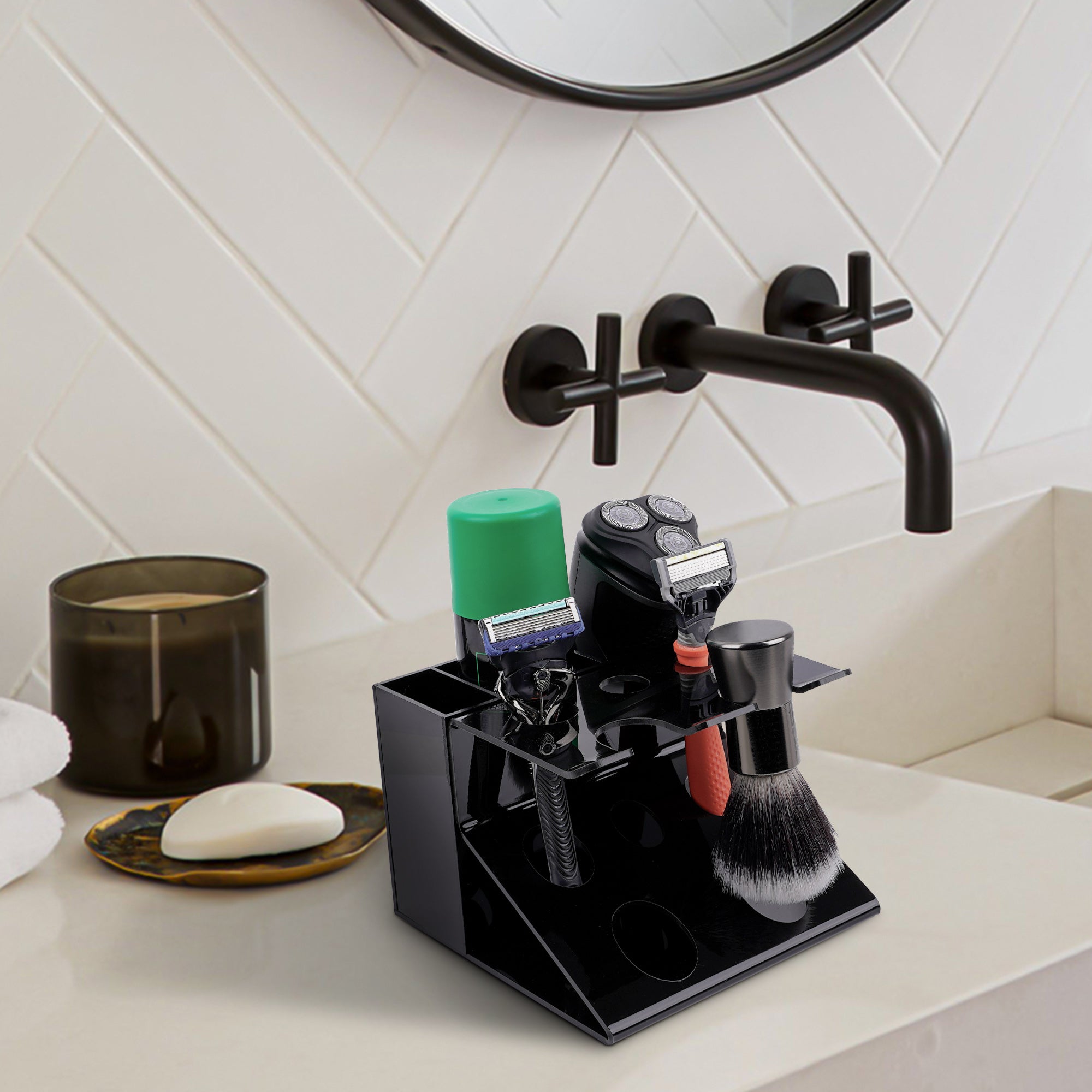 Linkidea Electric Shaver and Razor Stand, Shaving Gel Organizer Holder, Compatible with GilletteLabs Exfoliating Bar, Heated Razor, ProGlide Shield Power (Black)
