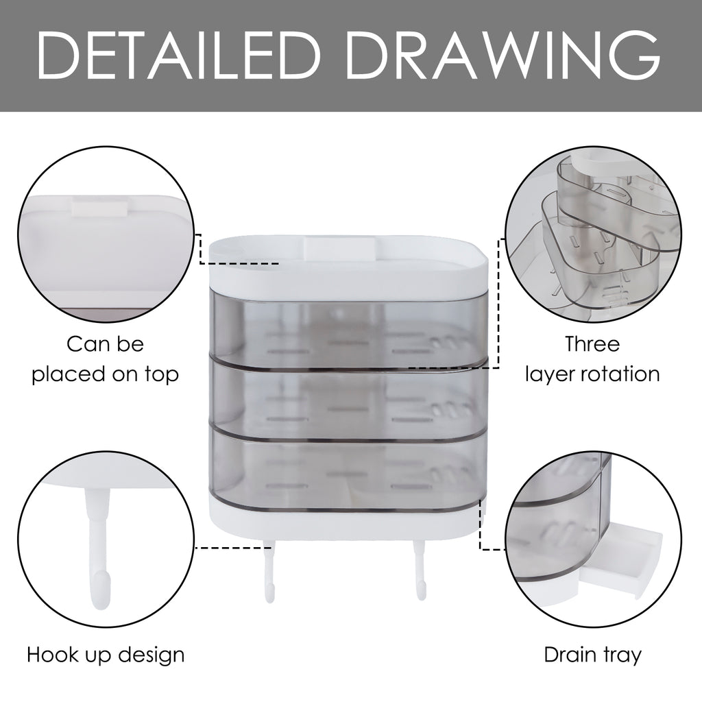 Linkidea Wall Mounted 3 Layers Soap Dish with 2 Hooks,180 Degree Rotating Soap Holder, Waterproof Dustproof Storage Organizer Rack for Bathroom Shower Room Kitchen (Clear)