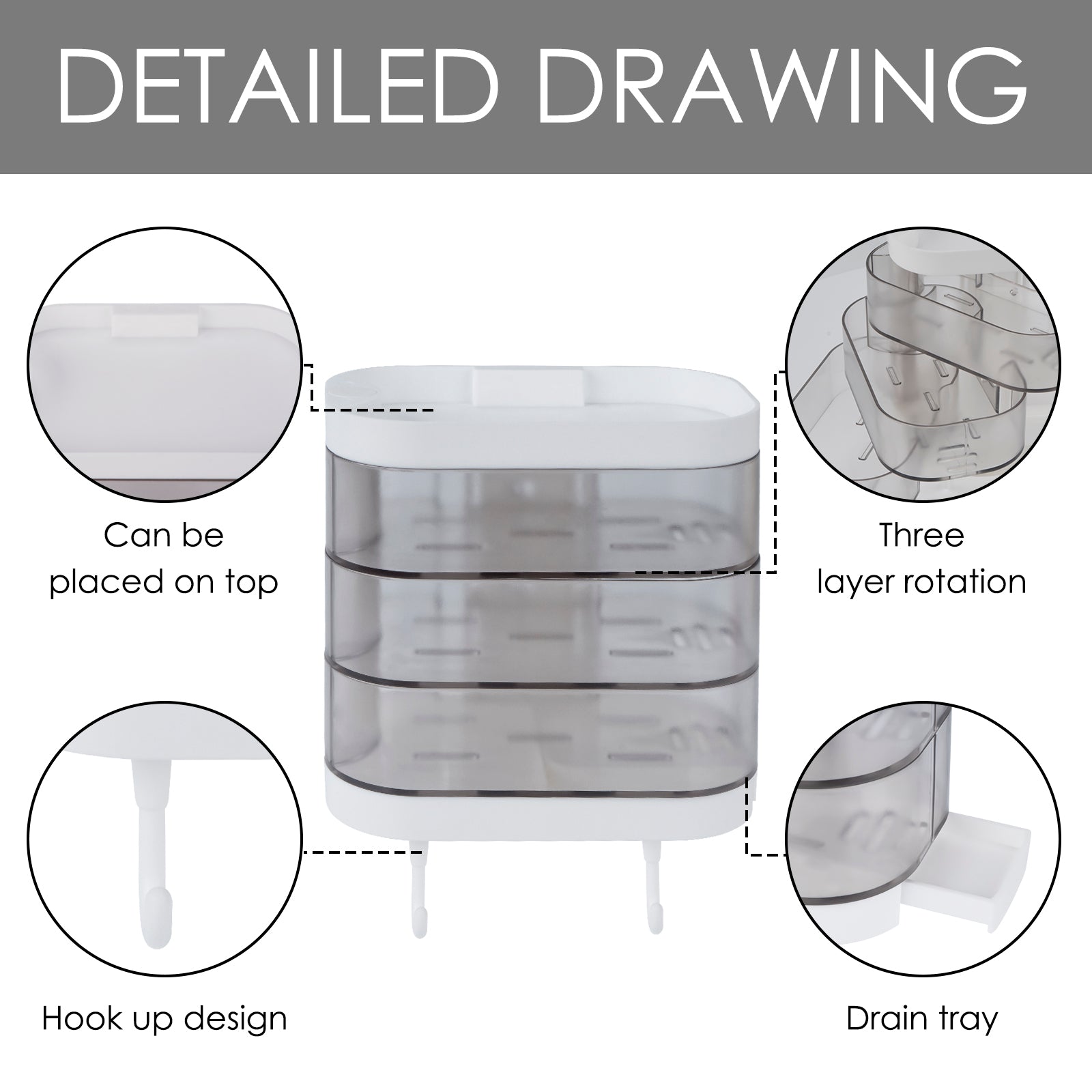 Linkidea Wall Mounted 3 Layers Soap Dish with 2 Hooks,180 Degree Rotating Soap Holder, Waterproof Dustproof Storage Organizer Rack for Bathroom Shower Room Kitchen (Clear)