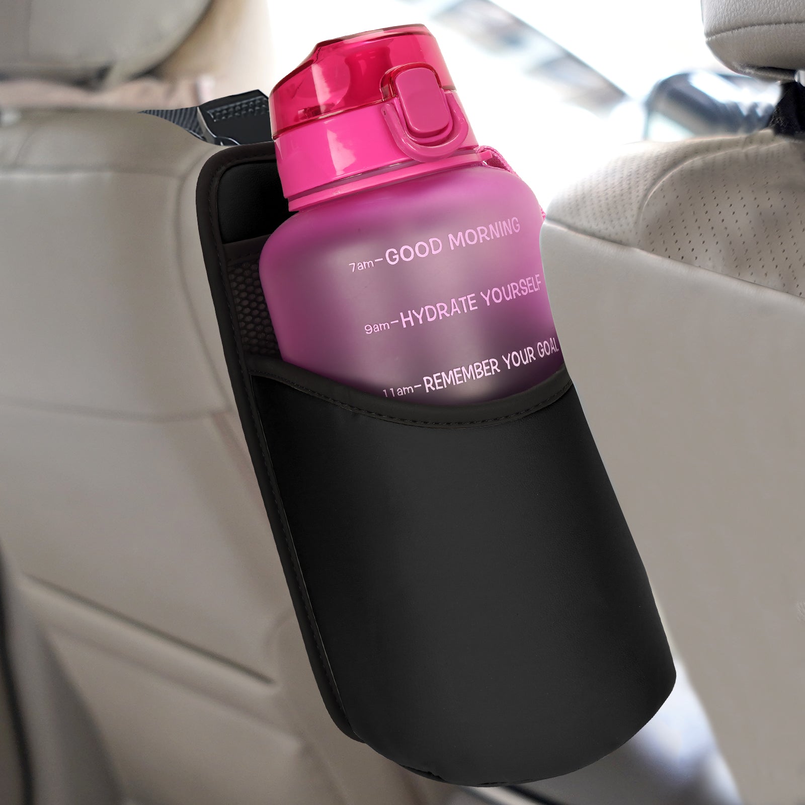 Linkidea Extra Large Car Seat Side Water Bottle Holder Compatible with EYQ 128oz, Hydracy Sport Bottle 78oz, Auto Seat Large Cup Hanging Bag with Mesh Pocket, Black