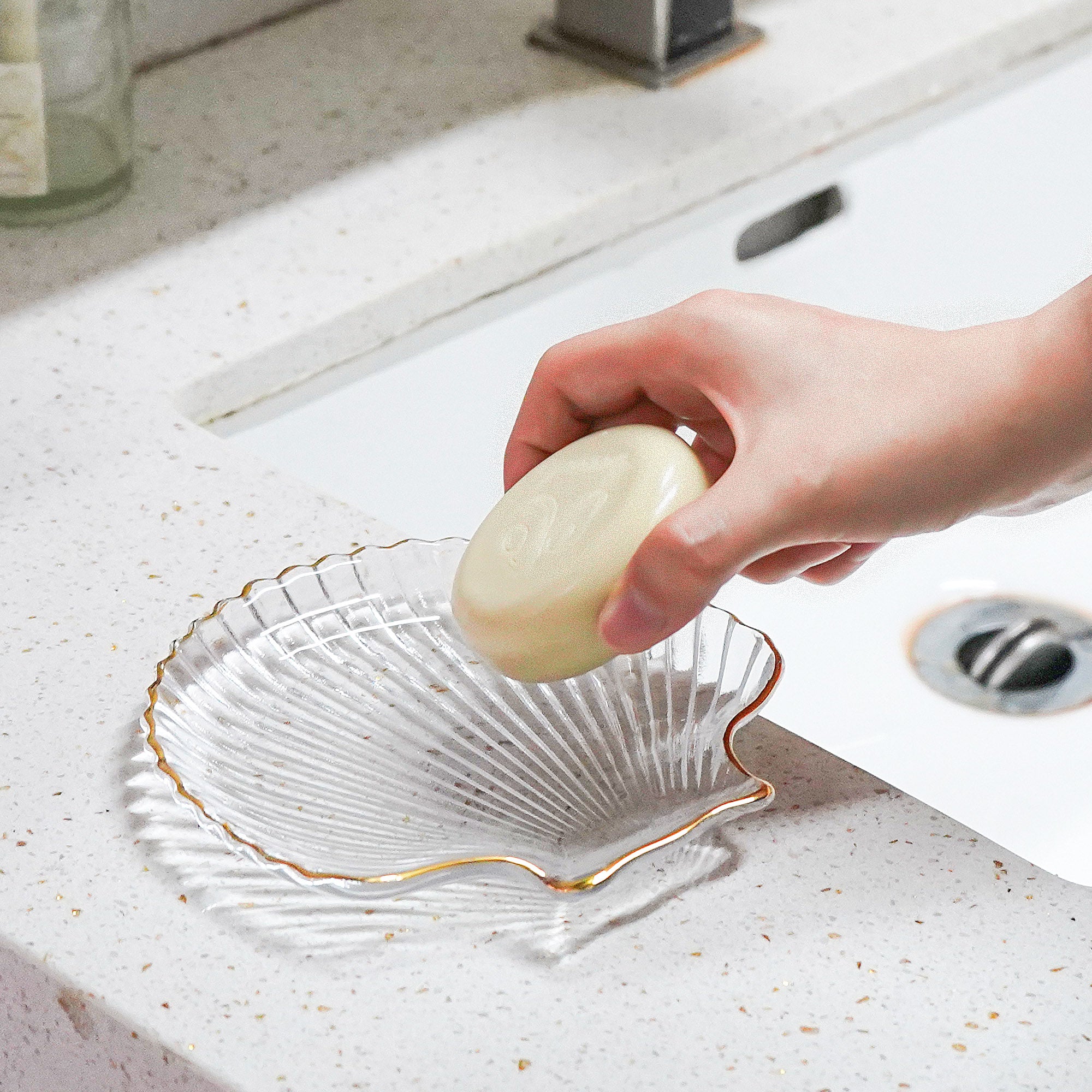 Linkidea Clear Glass Soap Dish Tray with Gold Trim, Elegant Sea Shell Design for Bathroom Decor, Cleanser Holder for Vanity, Countertop, Sink