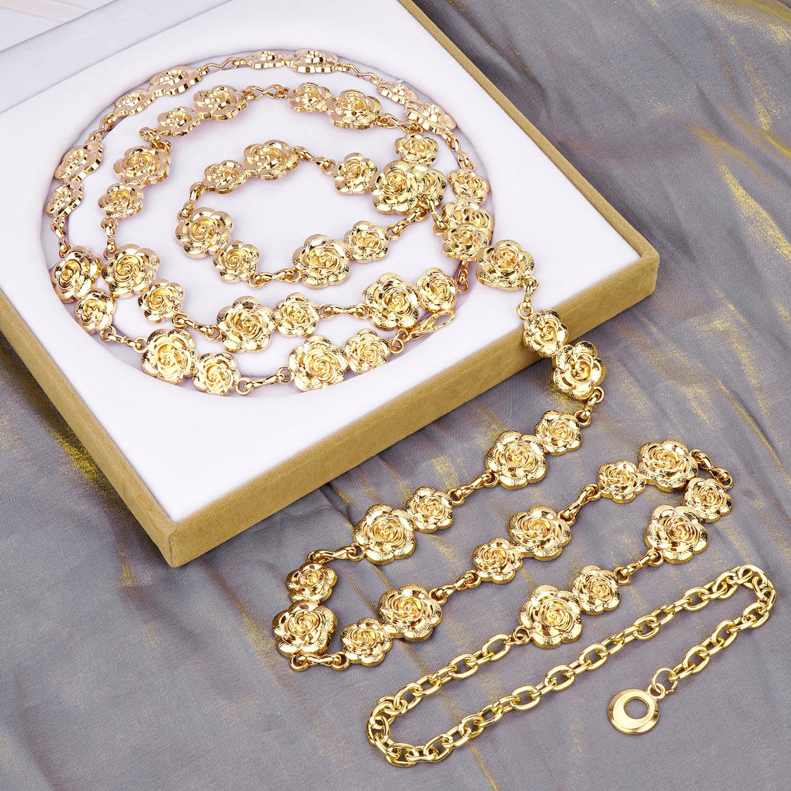 Plus Size Chain Belt for Women, Gold Rose Metal Fashion Belly Waist Chain, Max 69 Inch Adjustable Chunky Body Accessory (XXXL)