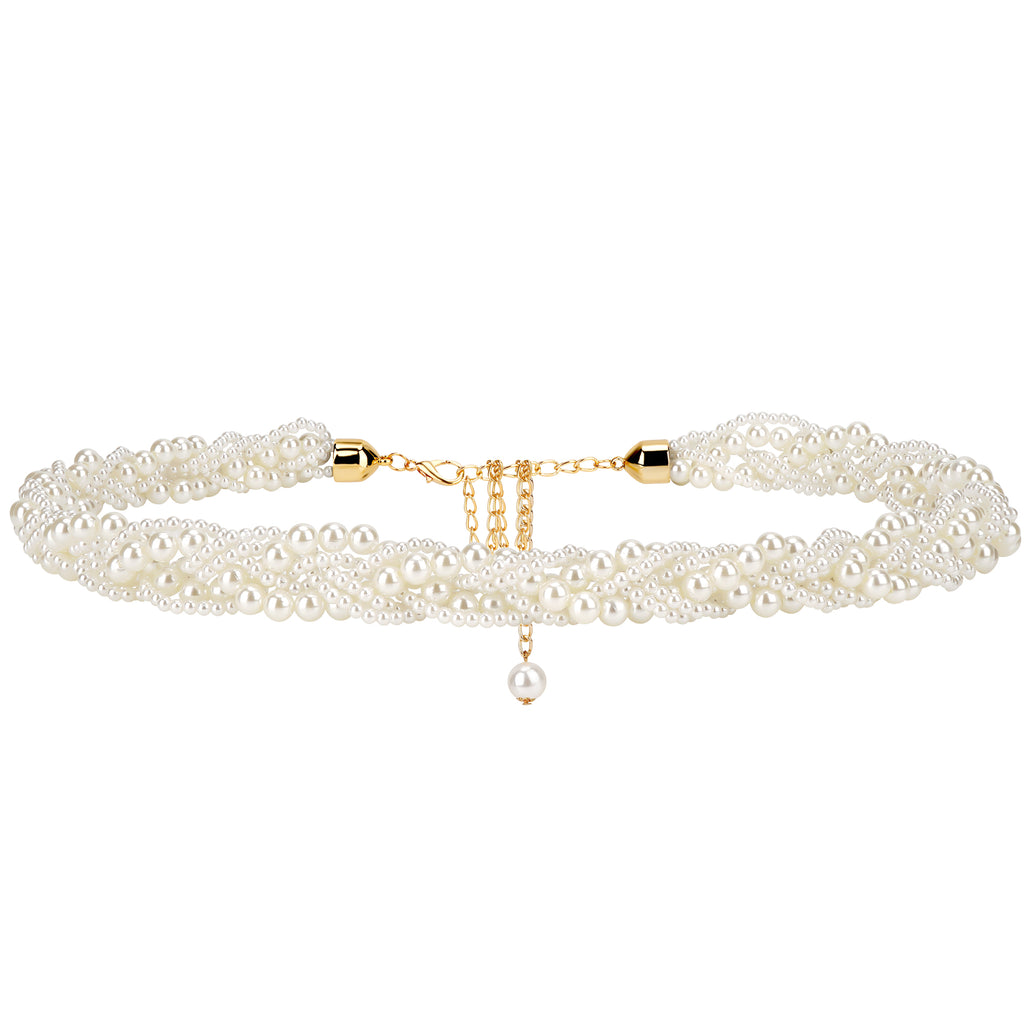 Linkidea White Faux Pearl Waist Belt for Women, Recommended Waist Fit 29.5-39.4 Inches, Adjustable Gold-Tone Chain Belt for Dresses, Weddings and Parties