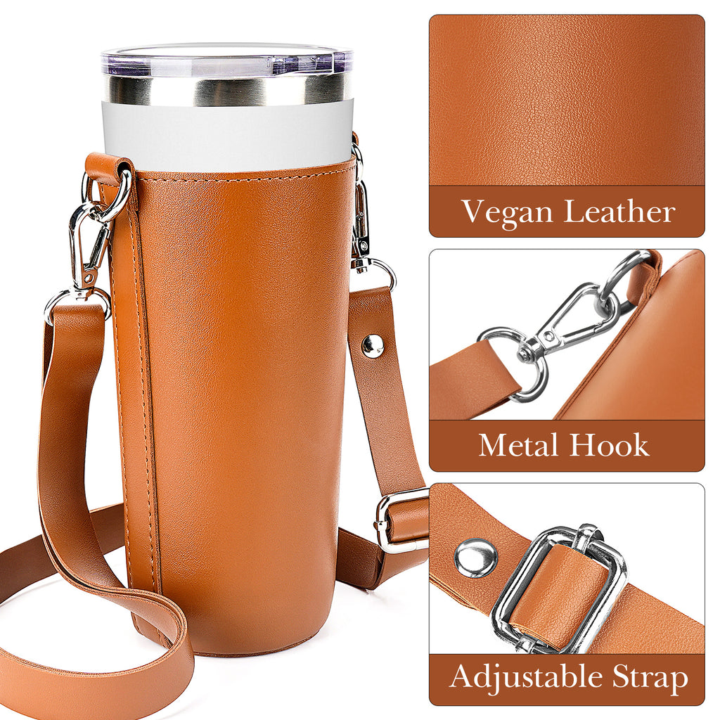 Linkidea Vegan Leather Tumbler Carrier Bag Compatible with IRON FLASK Classic Tumbler 24oz, Simple Modern Classic Collection Tumbler 20oz/24oz, Water Bottles Sling Holder with Strap, Brown