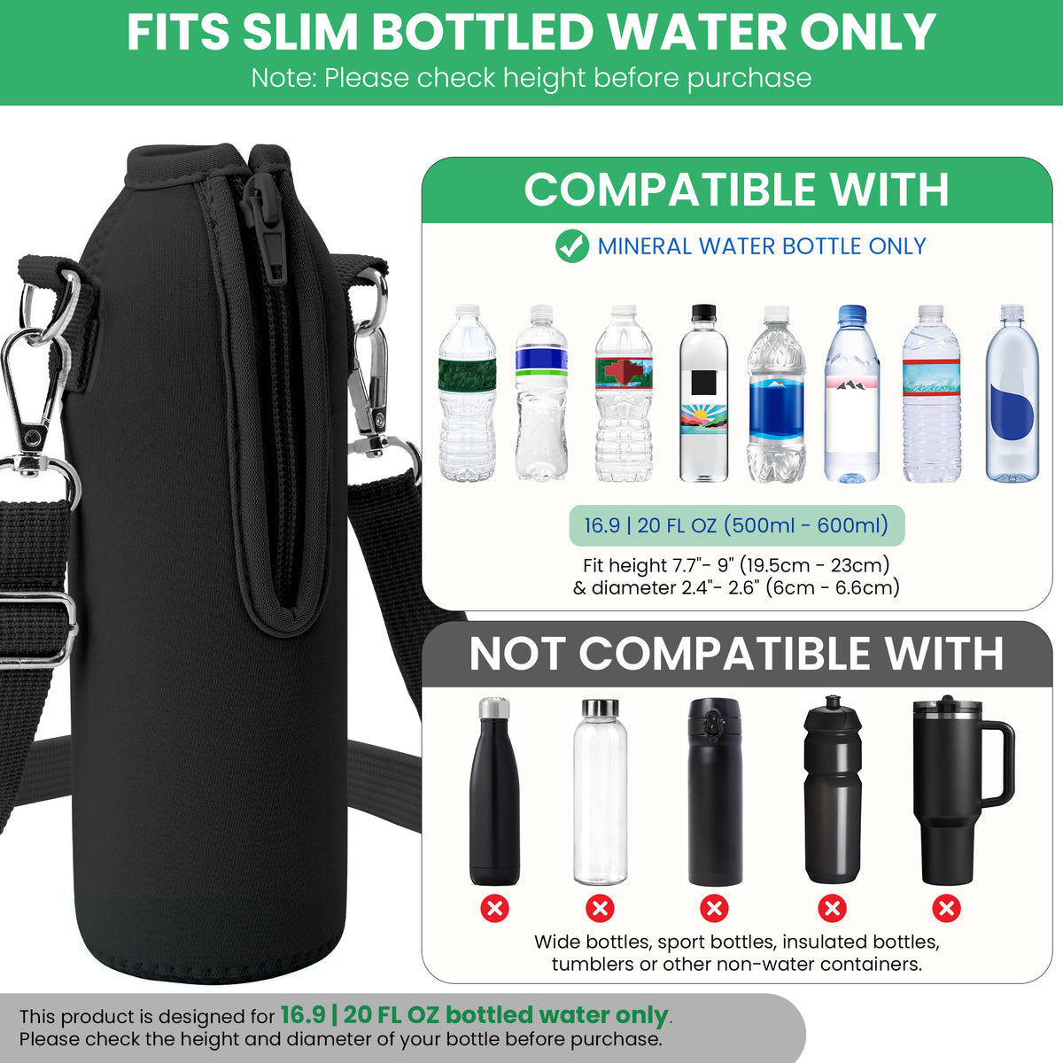 Linkidea Disposable Water Bottle Carrier with Strap Compatible with Smartwater 16.9/20Fl Oz, Evian, Insulated Neoprene Plastic Bottled Water Cover with Clip for Backpack (Black)