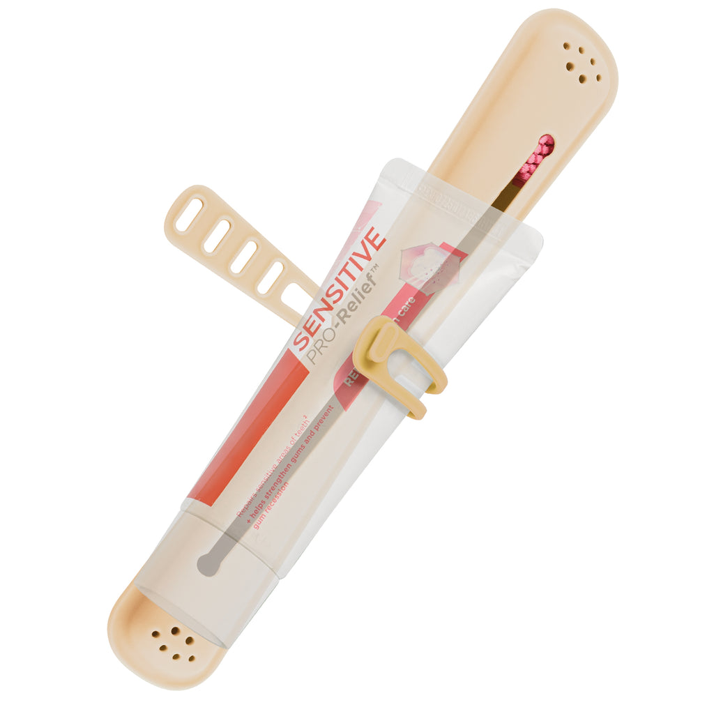 Linkidea Manual Toothbrush Travel Case with Strap for Toothpaste, Silicone Brush Container, Protective Storage Compatible with Oral-B CrossAction, Colgate 360 Optic White Advanced (Beige)