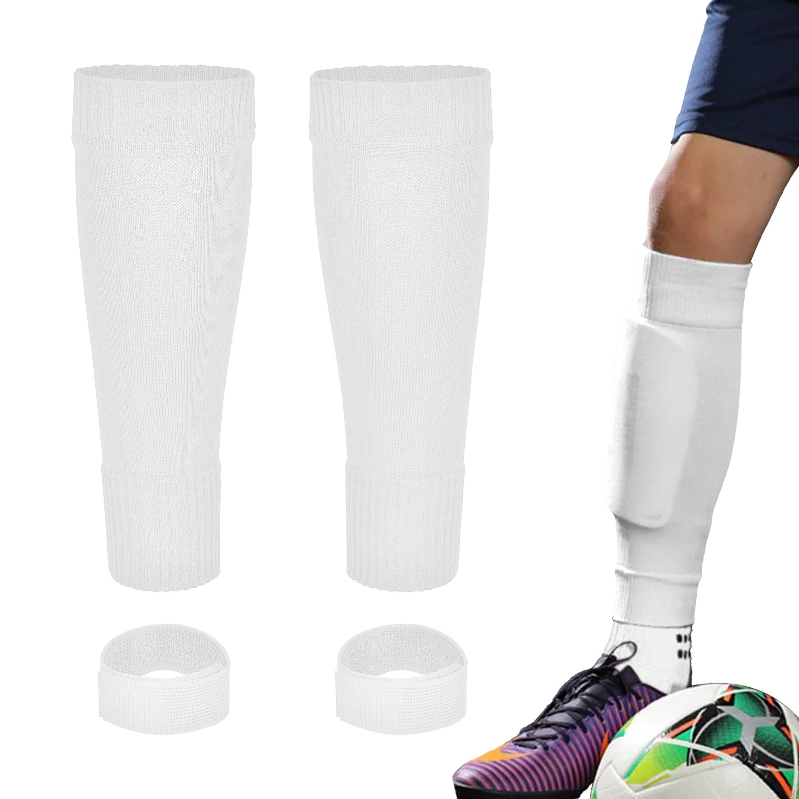 Linkidea Kids Soccer Leg Sleeve with Shin Guard Straps, Elastic Compatible with Grip Socks, Best Alternative to Soccer Athletic Socks for Child 6-8 Years (White)