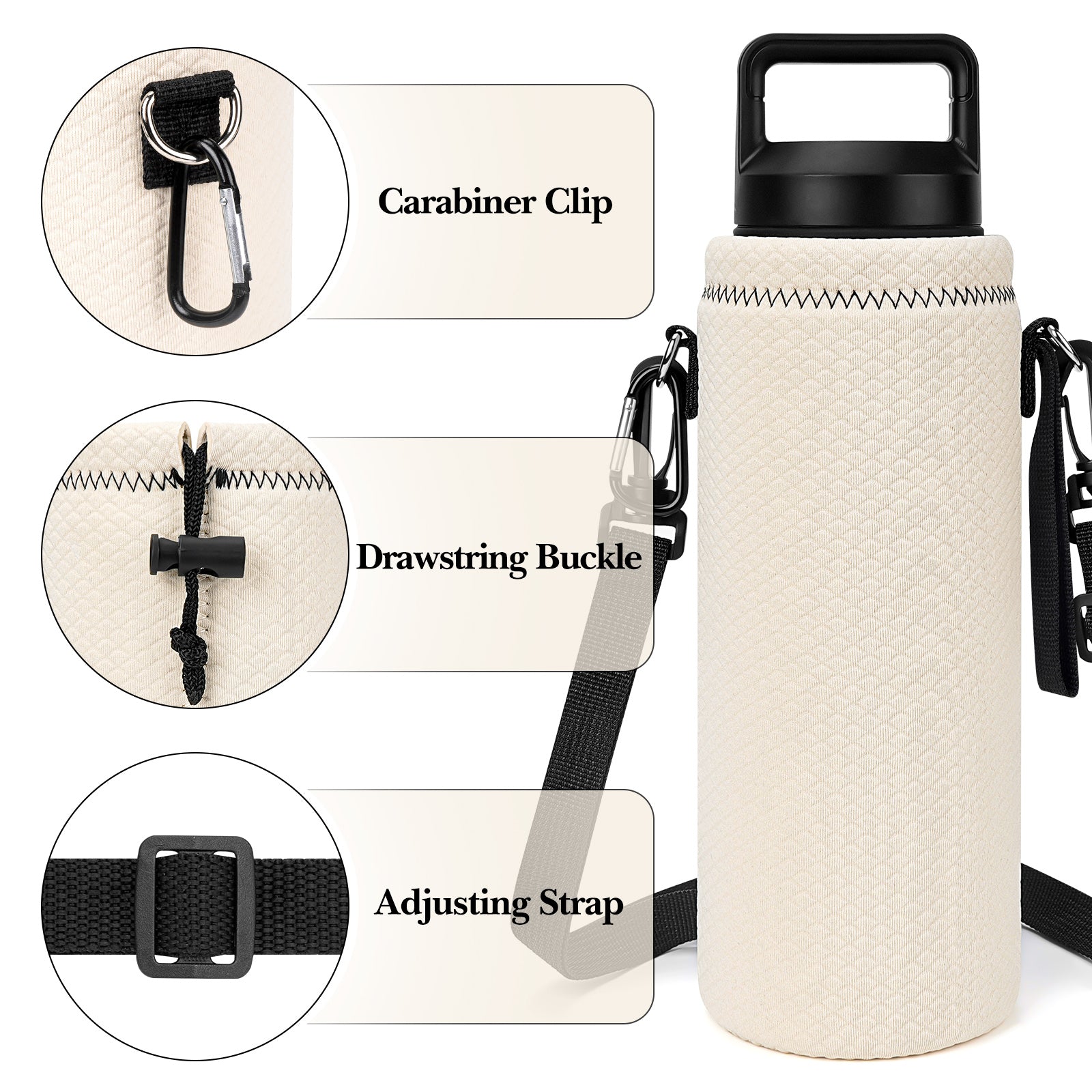 Linkidea Water Bottle Carrier with Strap Compatible with YETI Rambler Bottle 26oz, Waterbottle Sling Bag Holder with Shoulder Strap, Off White