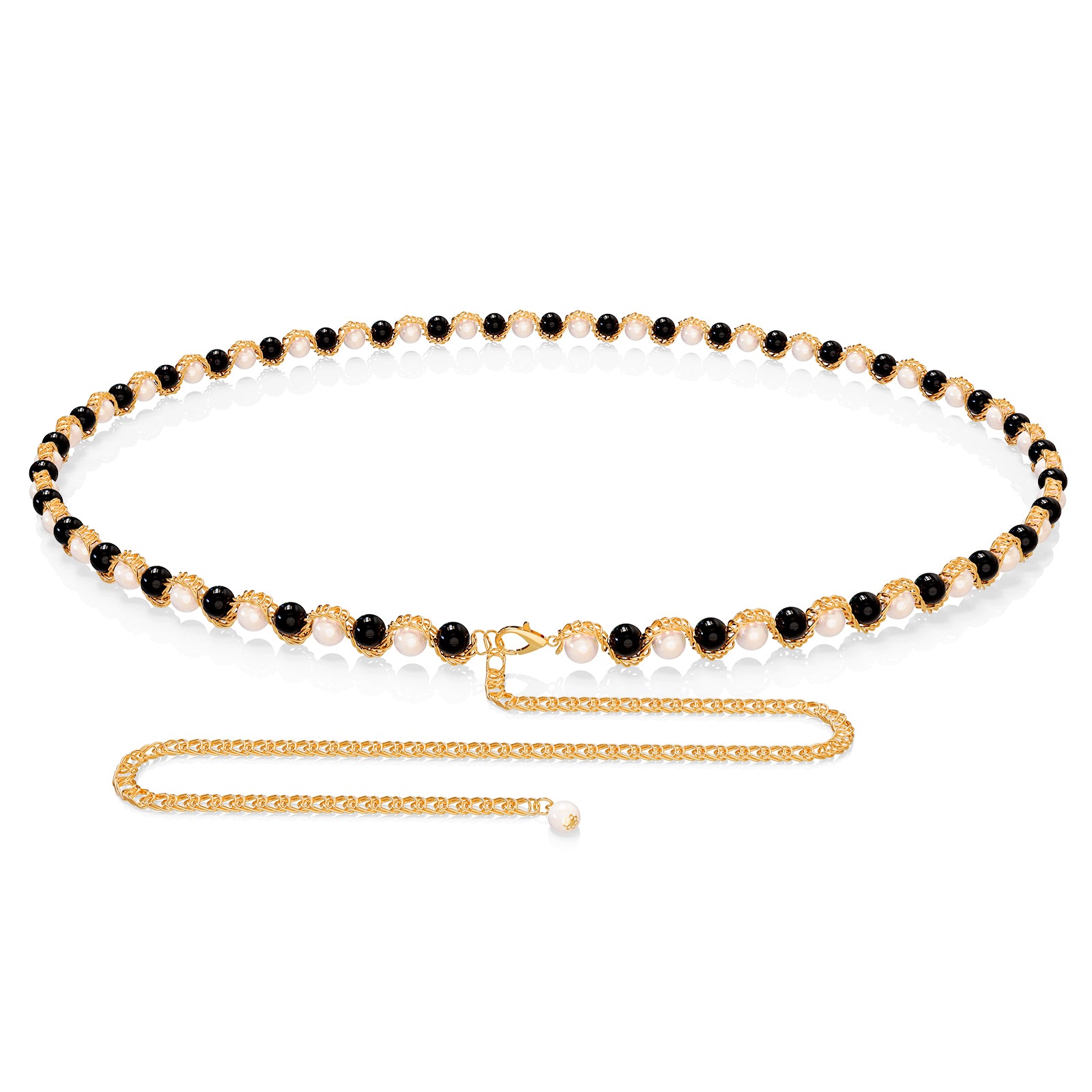 Plus Size Chain Belt for Women, Gold Color and Black Faux Pearl Waist Chains, Extra Long Body Chain, 59-78 Inch Adjustable Chunky Belt Chain (XXXL)