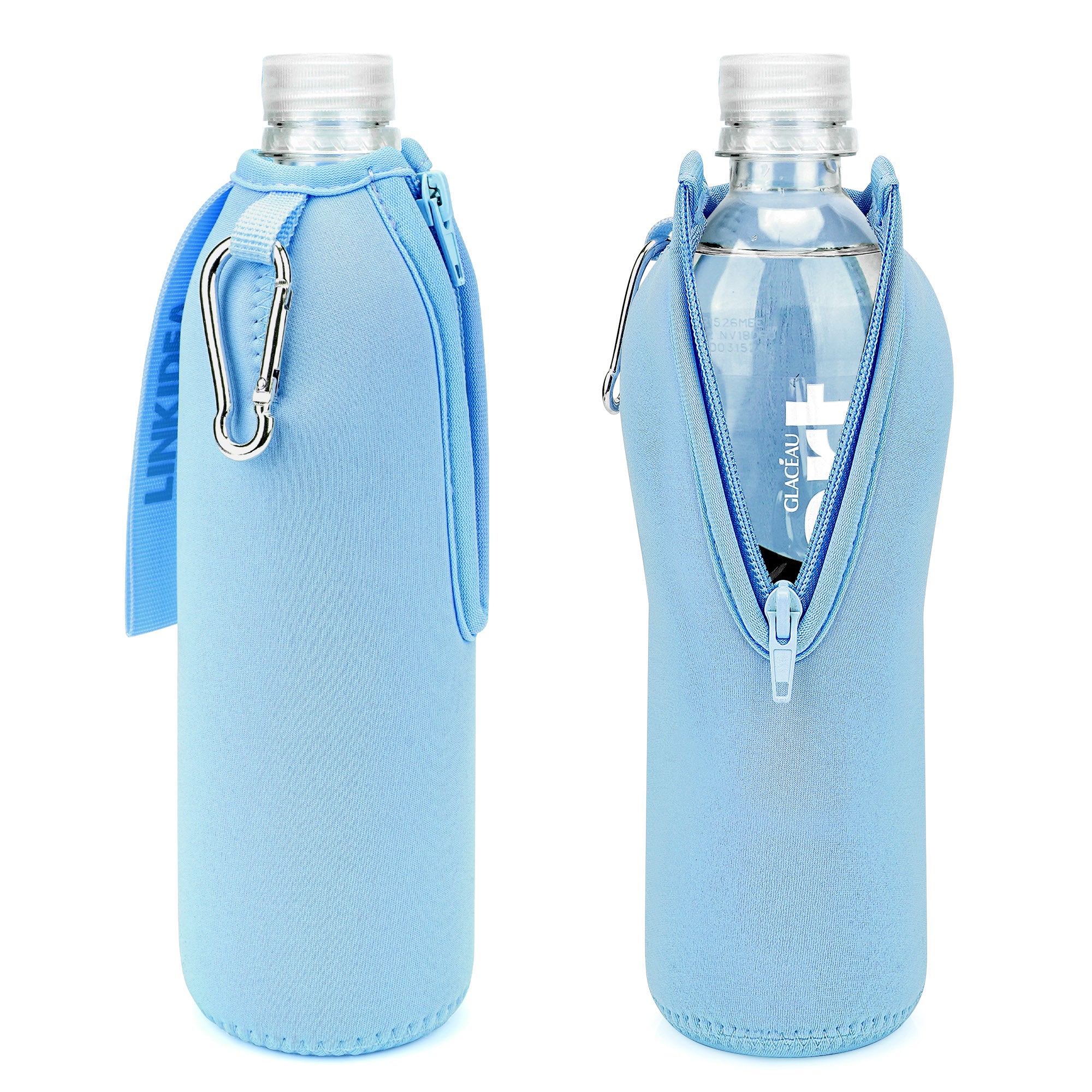 Linkidea 2 Pack Disposable Water Bottle Sleeve Compatible with Smartwater 16.9/20 Fl Oz, Evian 16.9 Fl Oz, Insulated Neoprene Bottled Water Cover Holder with Lockable Zipper, Light Blue