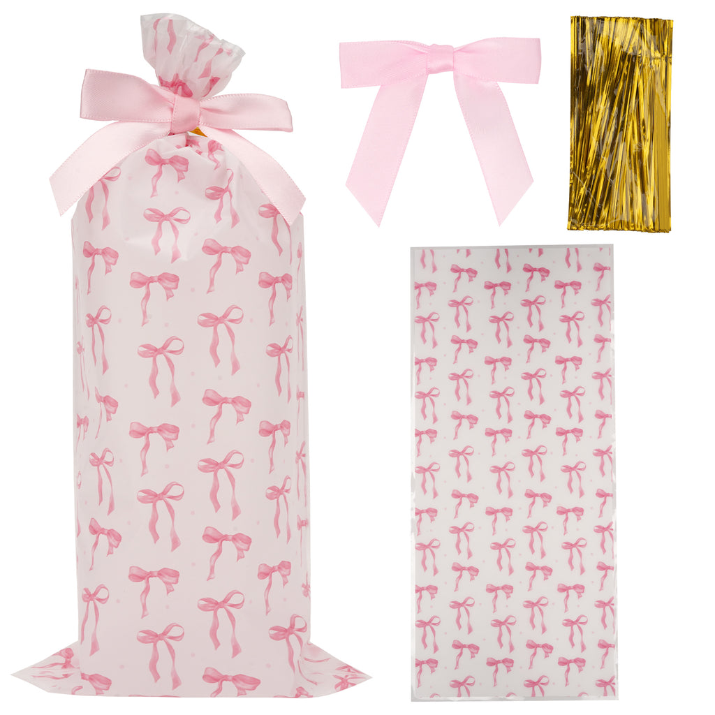 Linkidea 100 Pcs Clear Cellophane Treat Bags with 100 Pink Pre-Tied Bow Twist Ties, 5x7 Inch Food Grade Candy Cookie Goodie Bags for Birthday Party Favor, Wedding, Bakery Gift Wrap