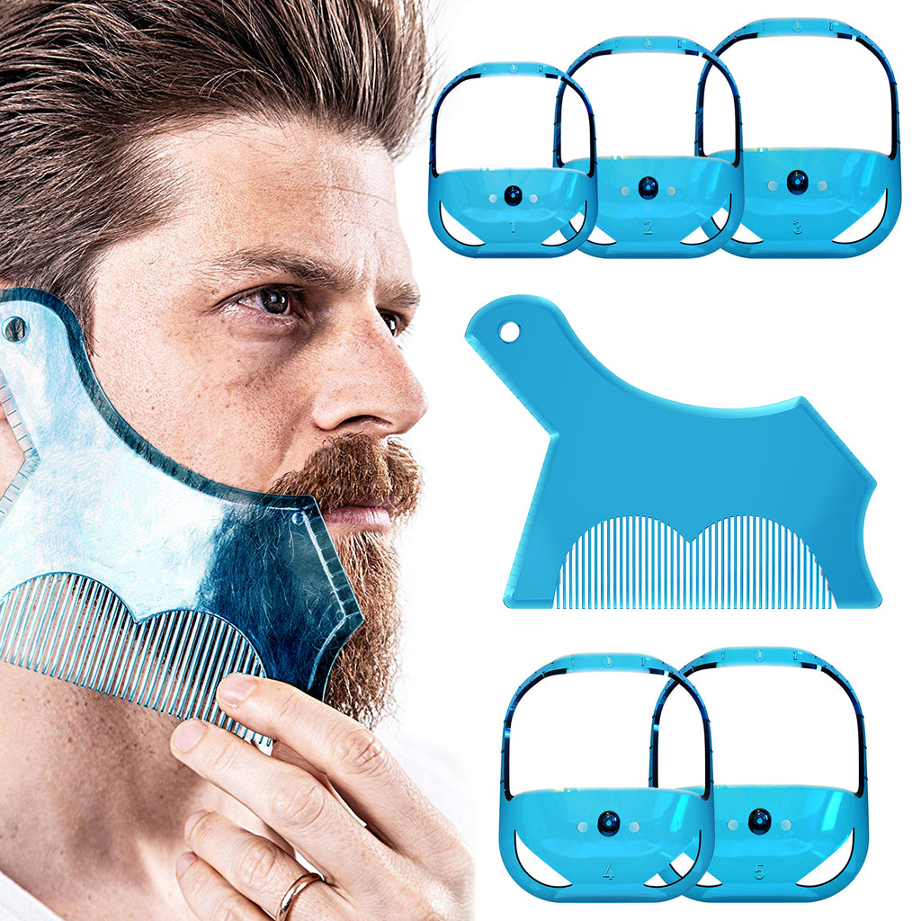 Linkidea Beard Shaping & Styling Tool with Comb, Beard Trimmer Template for Men, Clear Mustache Sideburns Outliner Stencil Lineup for Jaw Cheek Neck (Blue)