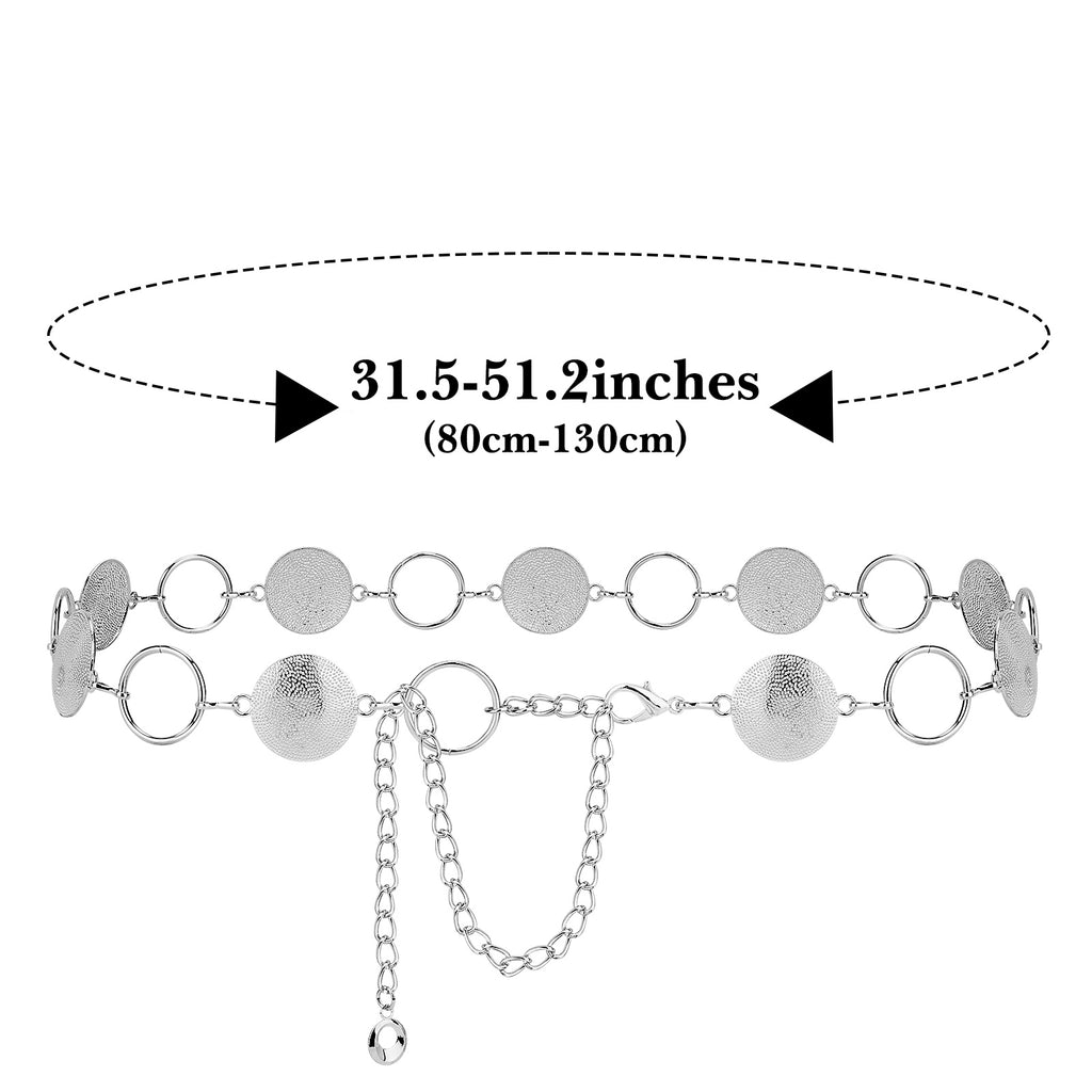 Plus Size Chain Belt for Women, Round Pieces Metal Chain Belt Women Belly Waist Chains, Extra Long Body Chain, 31.5-51.2 Inch Adjustable Chunky Belt Chain (XL, Silver)