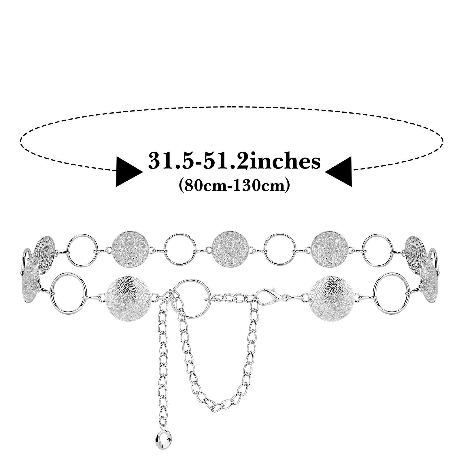 Plus Size Chain Belt for Women, Round Pieces Metal Chain Belt Women Belly Waist Chains, Extra Long Body Chain, 31.5-51.2 Inch Adjustable Chunky Belt Chain (XL, Silver)