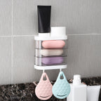 Linkidea Wall Mounted 3 Layers Soap Dish with 2 Hooks,180 Degree Rotating Soap Holder, Waterproof Dustproof Storage Organizer Rack for Bathroom Shower Room Kitchen (Clear)