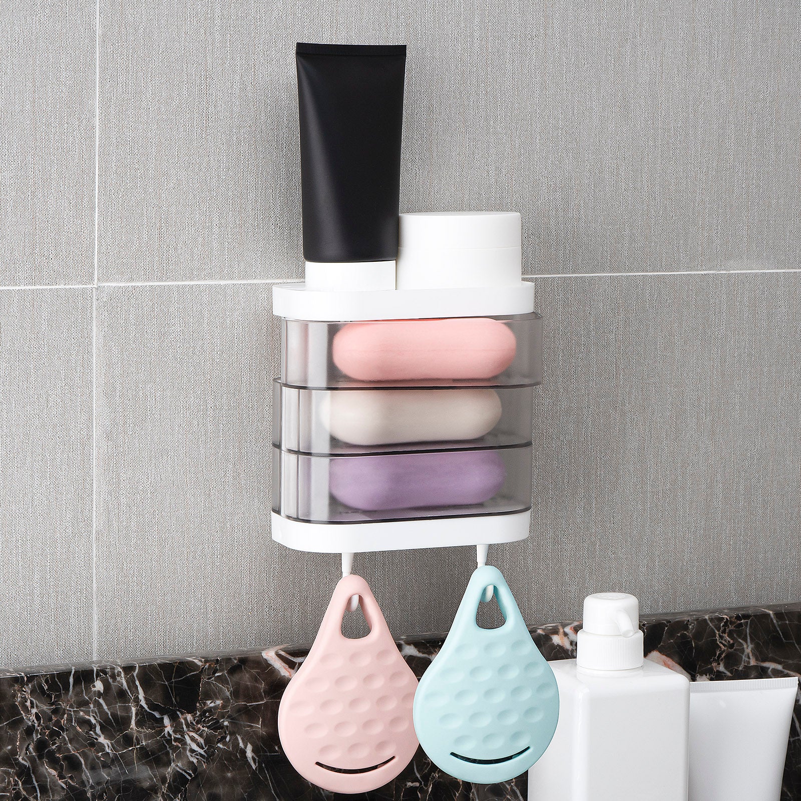 Linkidea Wall Mounted 3 Layers Soap Dish with 2 Hooks,180 Degree Rotating Soap Holder, Waterproof Dustproof Storage Organizer Rack for Bathroom Shower Room Kitchen (Clear)