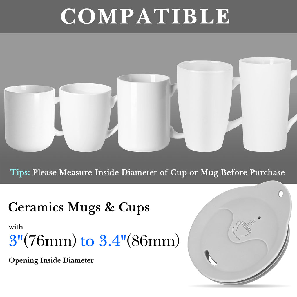 Linkidea 2 Pack Silicone Coffee Mug Lid for 3"(76mm) to 3.4"(86mm) Inside Diameter Mugs, Splash Resistant Replacement Mug Lid for Home, Office, Travel, Dishwasher-Safe (Grey)