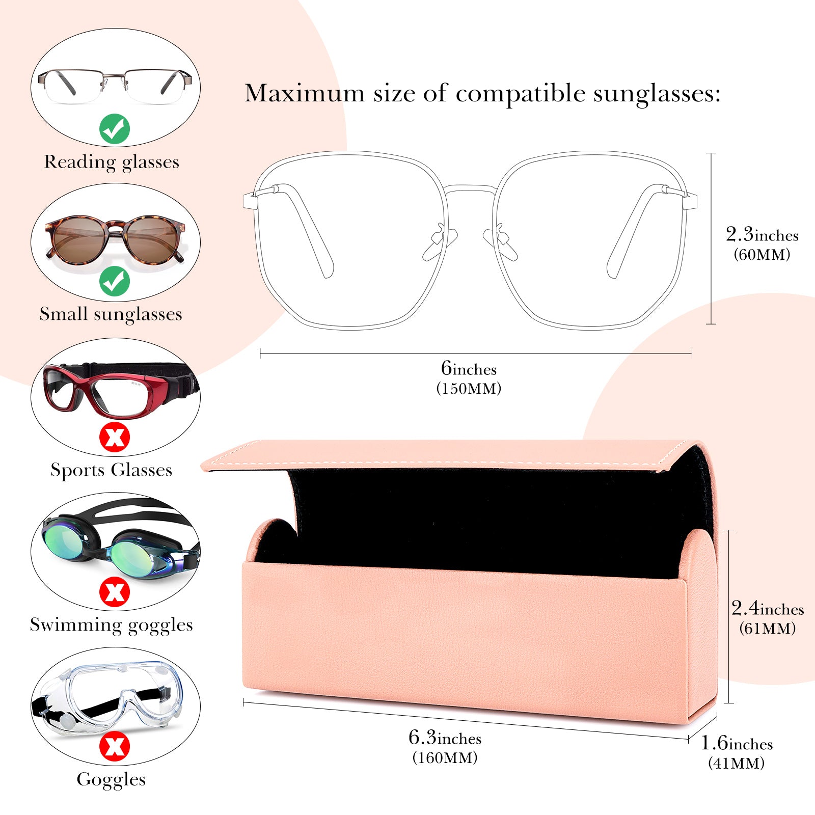 Hard Shell Sunglasses Case, Pink Vegan Leather Eyewear Storage Bag Pouch Organizer Compatible with Persol PO3357S PO3235S PO3366S RayBan RB3647N RB2197