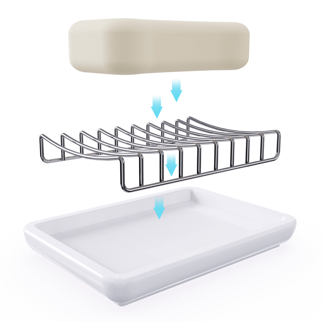 Linkidea Double Layer Ceramic Soap Dish, Stainless Steel Self Draining Soap Tray Holder, Soap Sponge Box for Bathroom Shower