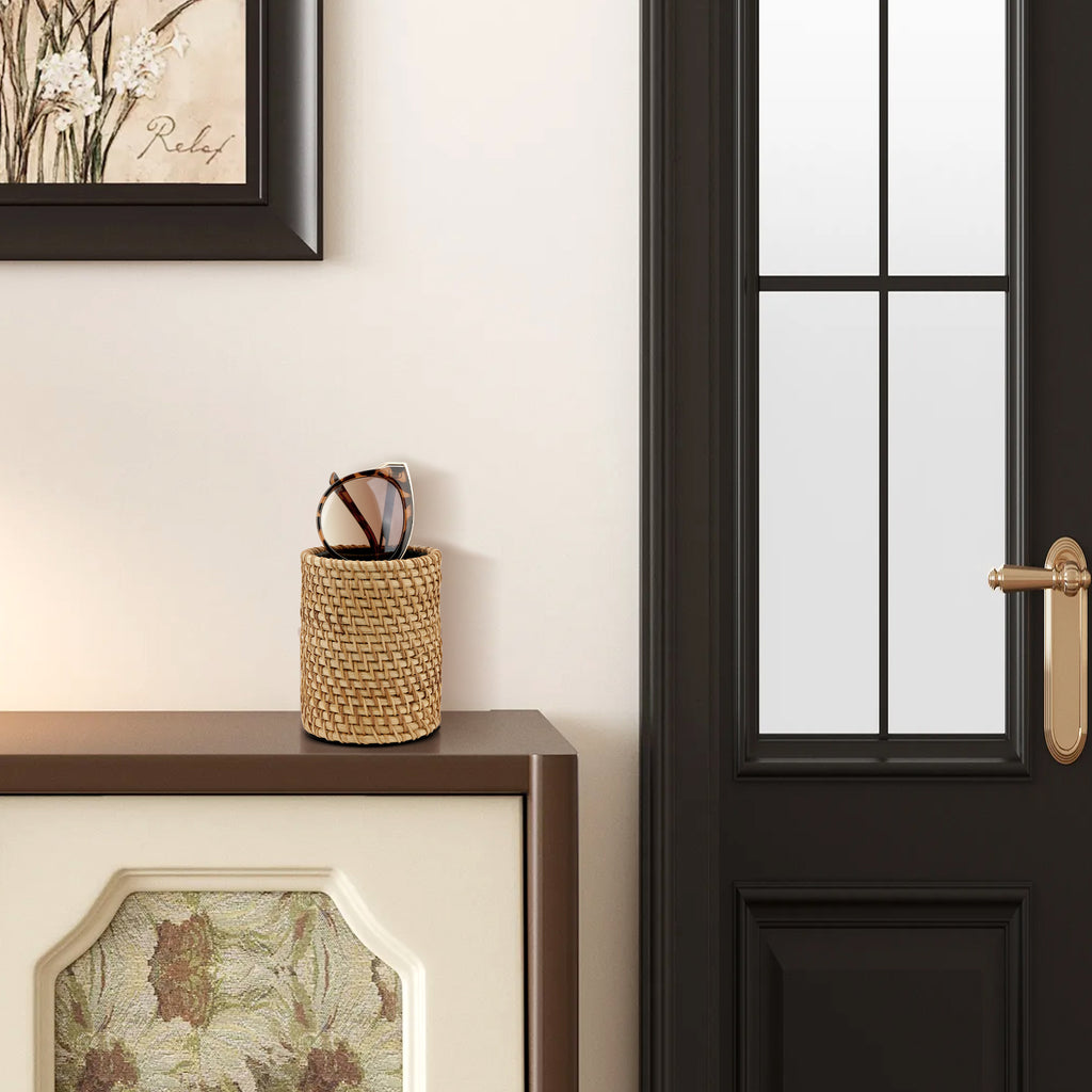 Sunglasses Desk Holder Stand Compatible with Extra Large Glasses, Rattan Weave Eyeglasses Display Storage Organizer with Plush Lined