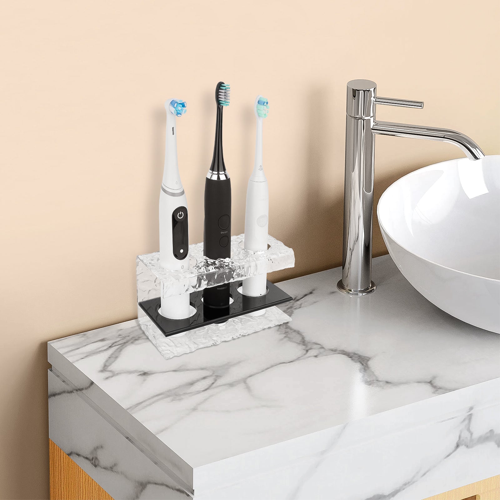 Linkidea Electric Tooth Brush Holder for Shower, Bathroom, Acrylic 3 Slots Countertop Organizer for Power Toothbrush Compatible with Oral-B iO Series, Philips Sonicare, 7AM2M
