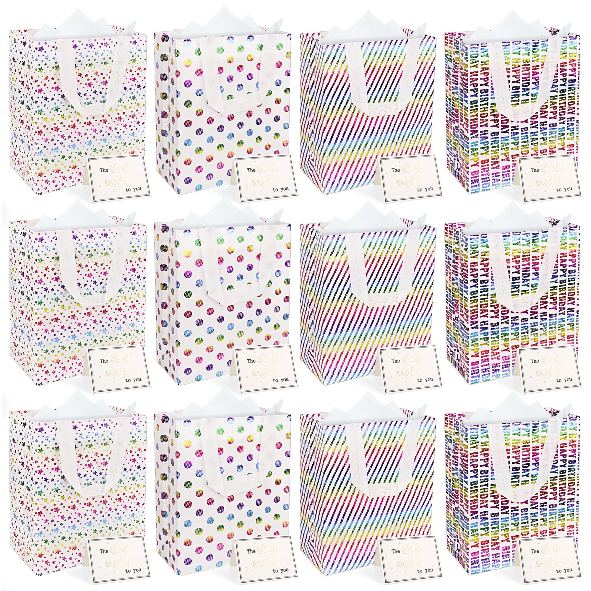 Linkidea 12 Pack Reusable Gift Bags with Handles, 10.2"x7.9" Large Size Gift Wrap Bags, Personalized Gift Wrap Bags for Birthday, Party, Wedding, Shopping, Return Gifts (Multi)