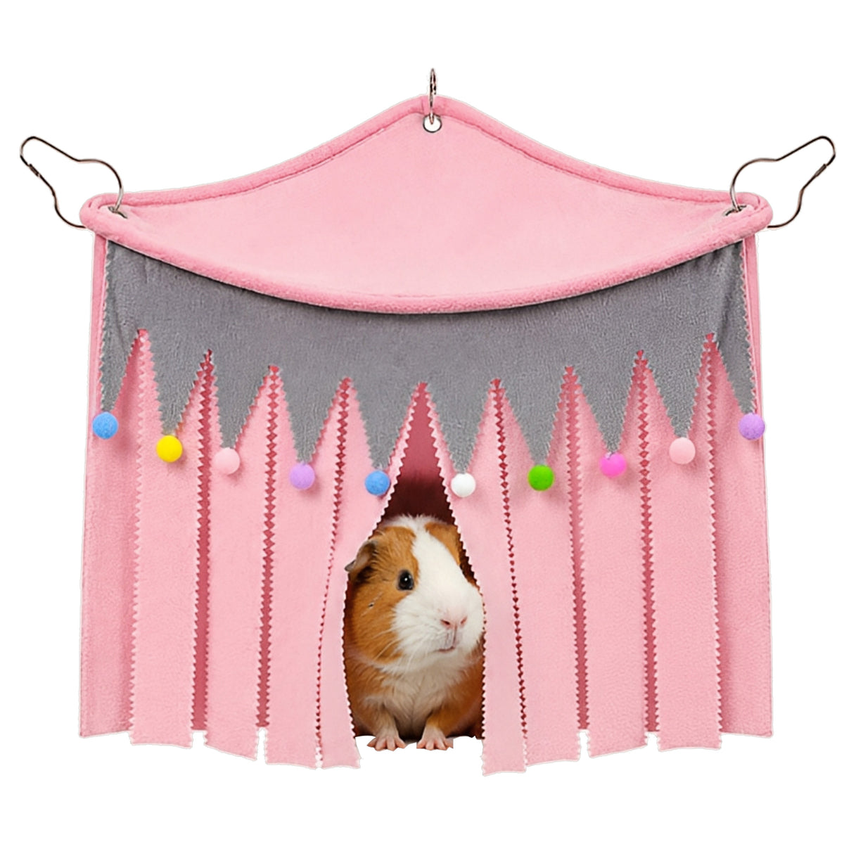 Corner Fleece Hideout Hammock for Small Animals, Cozy Hanging Cage Bed with Tassel Curtain, Soft Habitat Shelter with 3 Metal Hooks for Guinea Pigs, Rabbits, Ferrets, Chinchillas, Rats