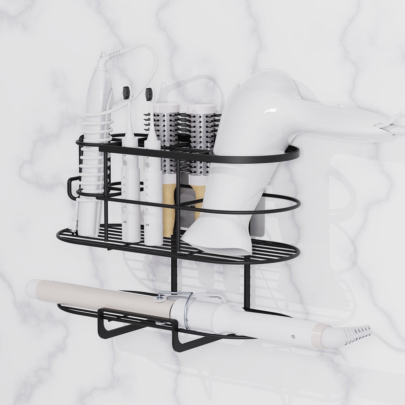 Linkidea Hair Tool Organizer with Hook, Self Adhesive Hair Dryer Holder for Bathroom, Blow Dryer Styling Tool Storage Basket for Bedroom (Black)