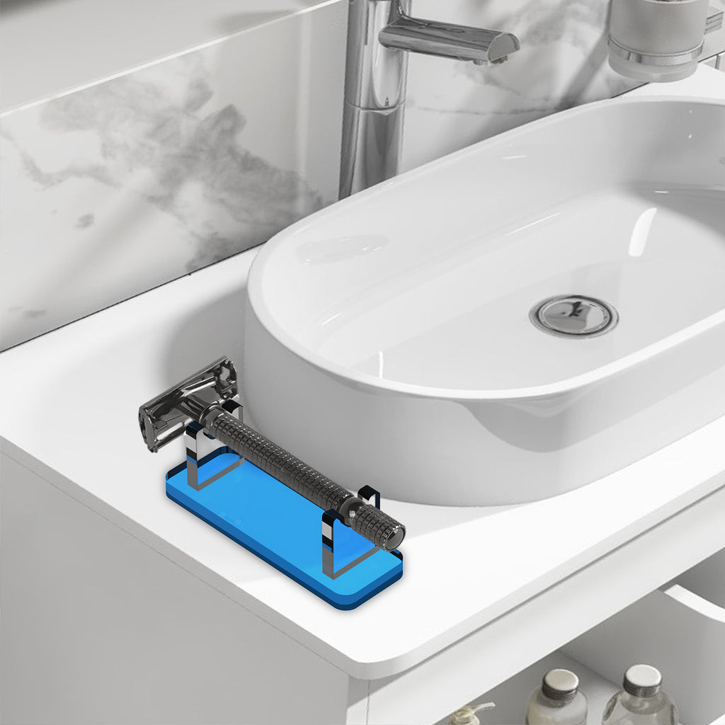 Linkidea Acrylic Men's Razor Stand Holder, Stable Storage Bracket Bathroom Countertop Organizer, Easy Clean, Compatible with Viking Blade the Chieftain, Henson, Gillette King C. (Blue)