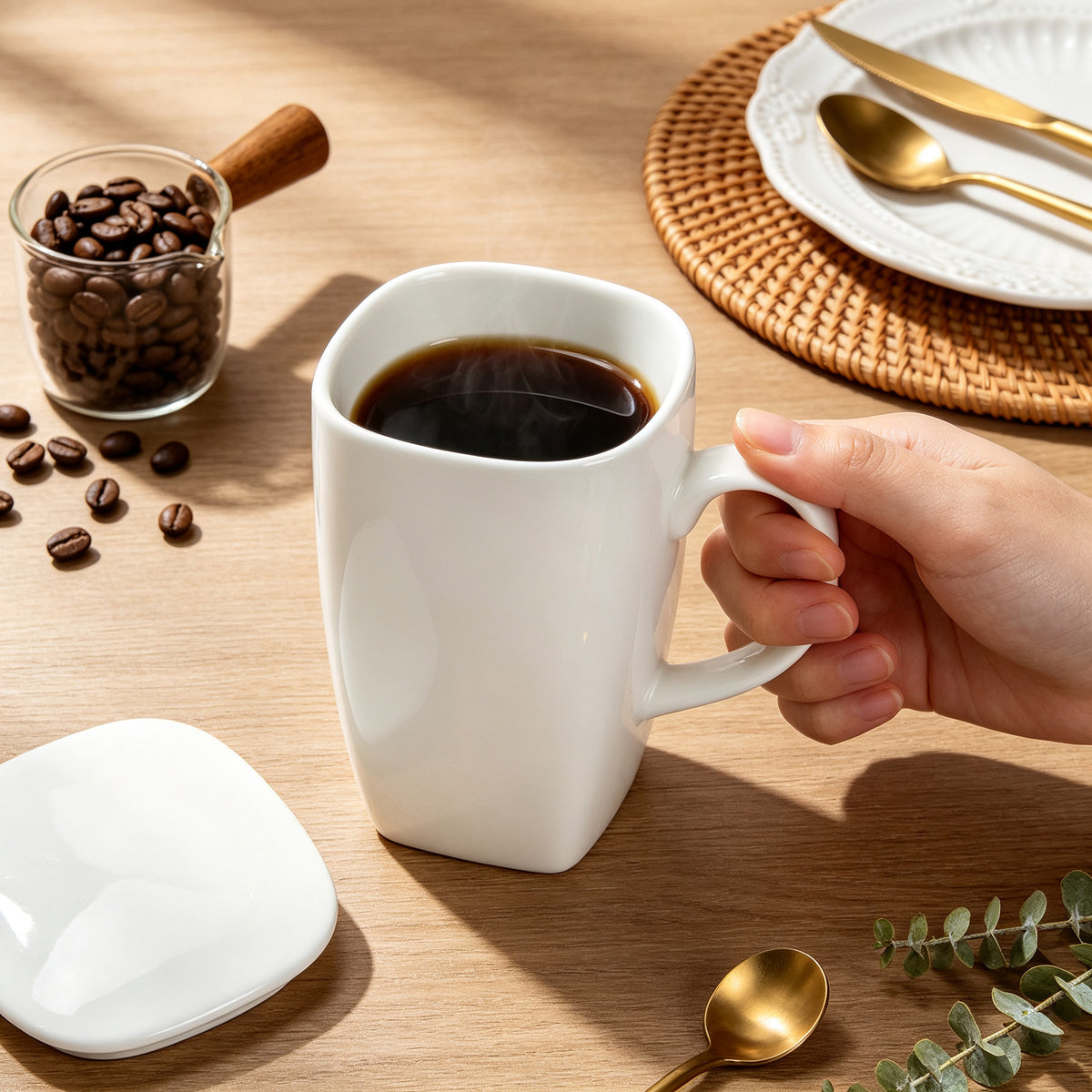 Linkidea 20oz Extra Large Fine Bone China Coffee Mug with Lid, Lightweight Coffee Cups with Handles for Office and Home, Microwave and Dishwasher Safe