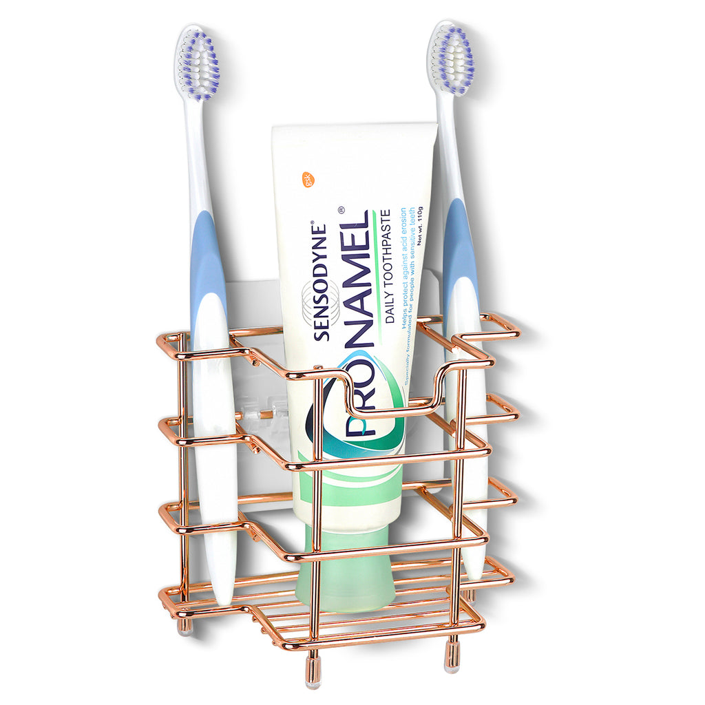Linkidea Wall Mount/Countertop Toothbrush Holder for Shower, Stainless Steel Toothpaste Stand, 3 Slots Organizer Compatible with Colgate Extra Clean, Oral-B CrossAction (Rose Gold)