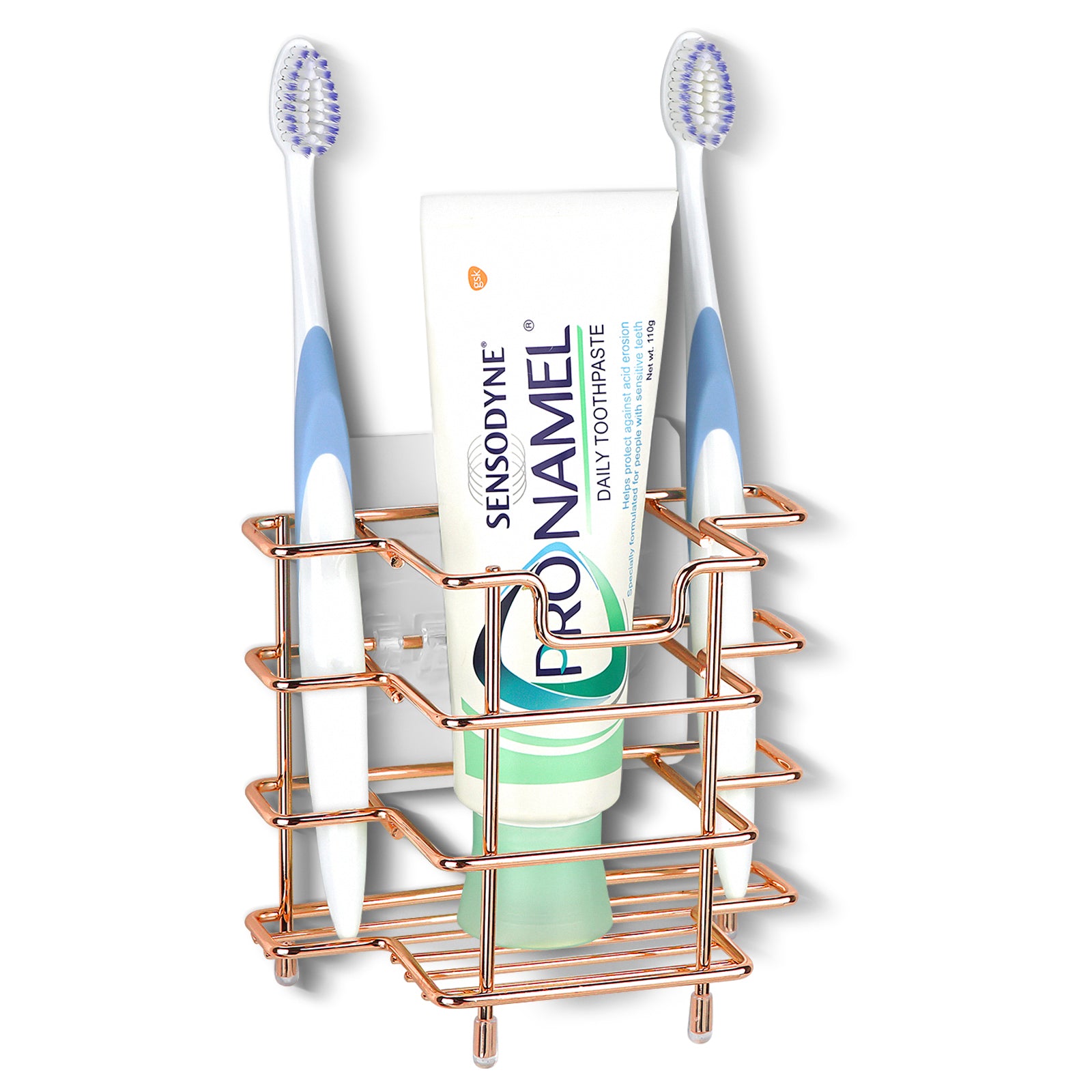 Linkidea Wall Mount/Countertop Toothbrush Holder for Shower, Stainless Steel Toothpaste Stand, 3 Slots Organizer Compatible with Colgate Extra Clean, Oral-B CrossAction (Rose Gold)